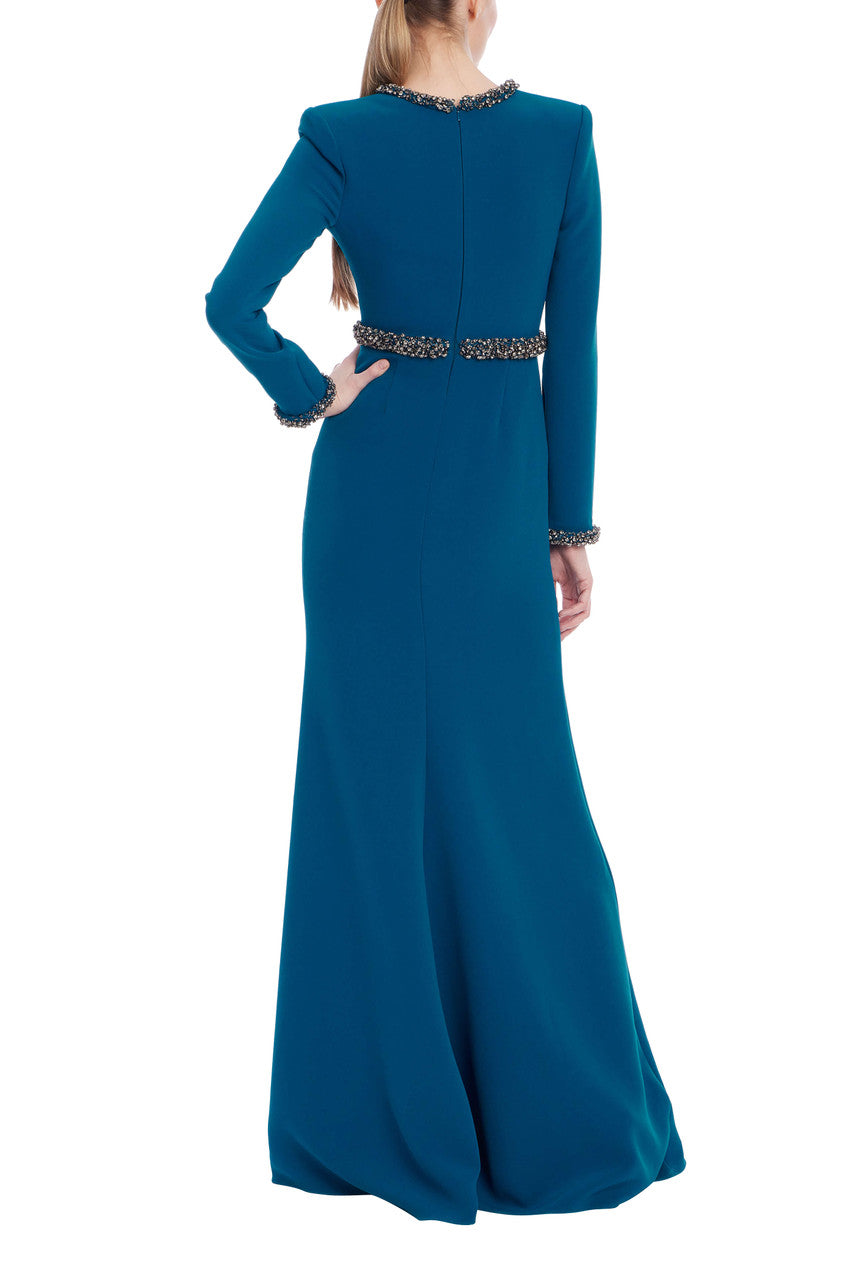 Long Sleeve Teal Gown with Beaded Trim by Badgley Mischka Long Sleeve Teal Gown with Beaded Trim by Badgley Mischka