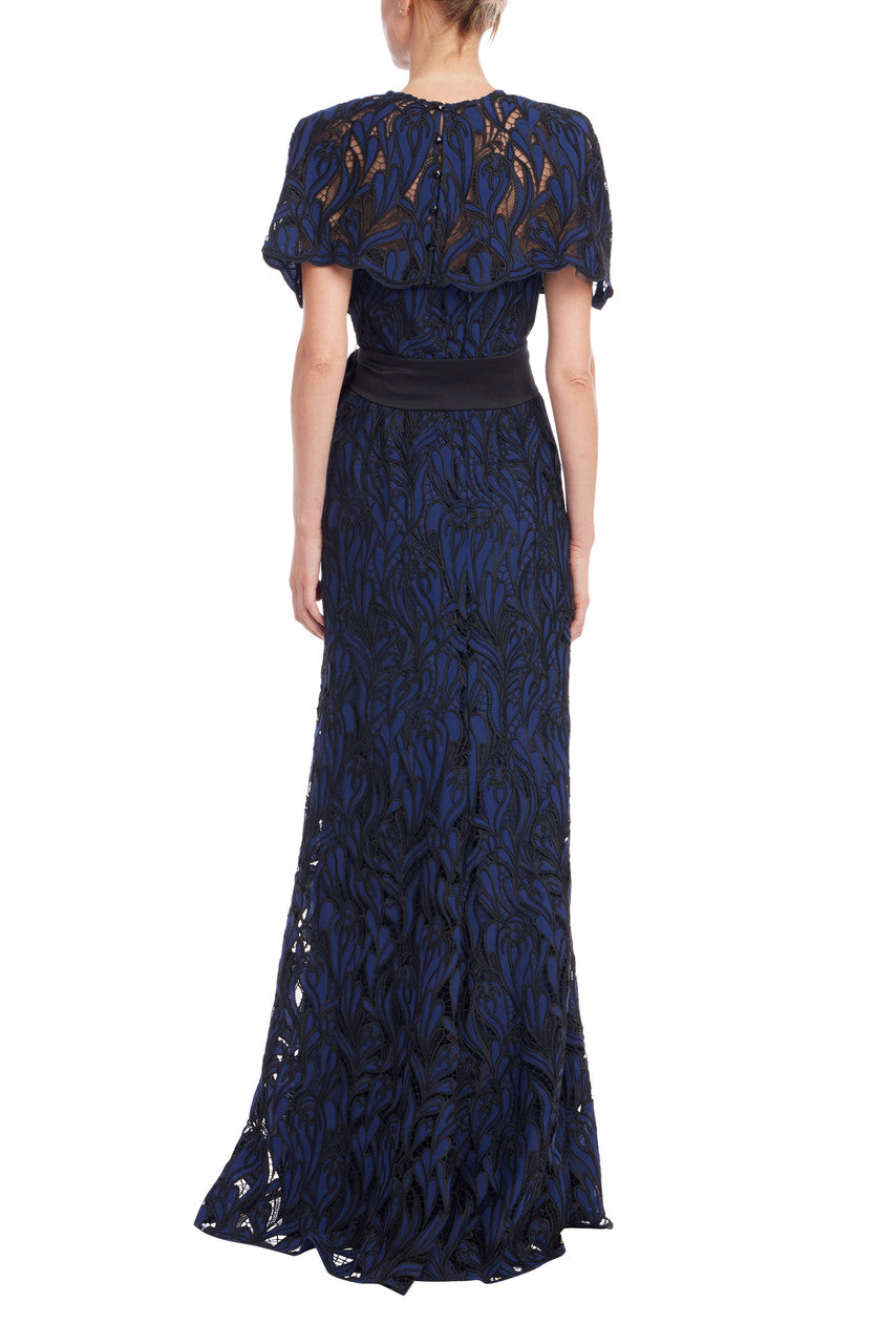 Badgley Mischka Lace Overlay Capelet A-Line Gown Dress Badgley Mischka Lace Overlay Capelet A-Line Gown Dress