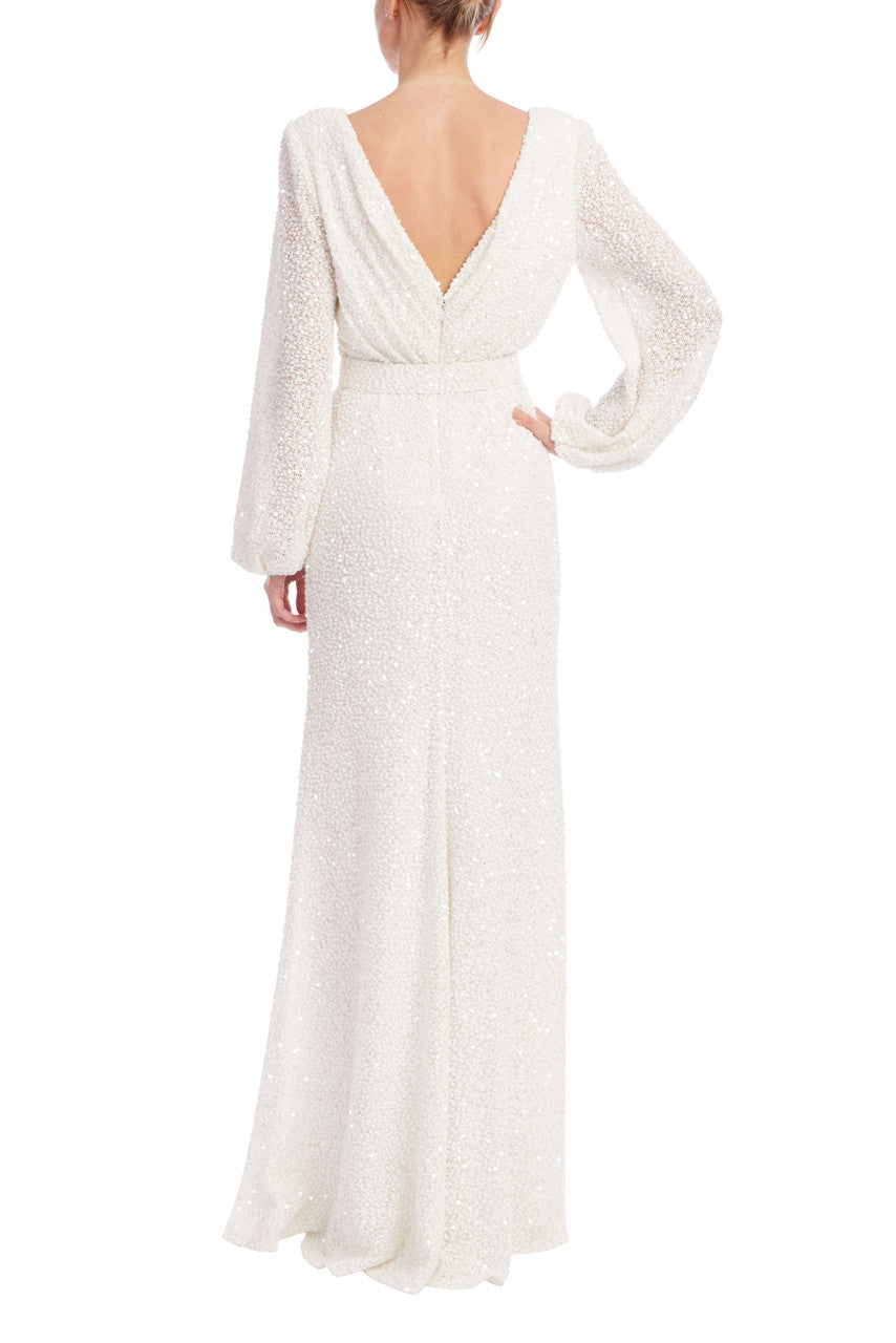 Long Sleeve Sequin Belted Evening Gown by Badgley Mischka Long Sleeve Sequin Belted Evening Gown by Badgley Mischka