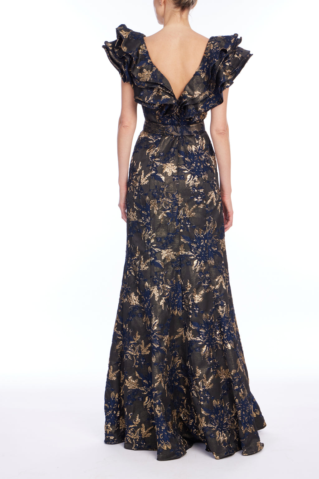 Navy Multi | Jacquard Ruffle Gown Back