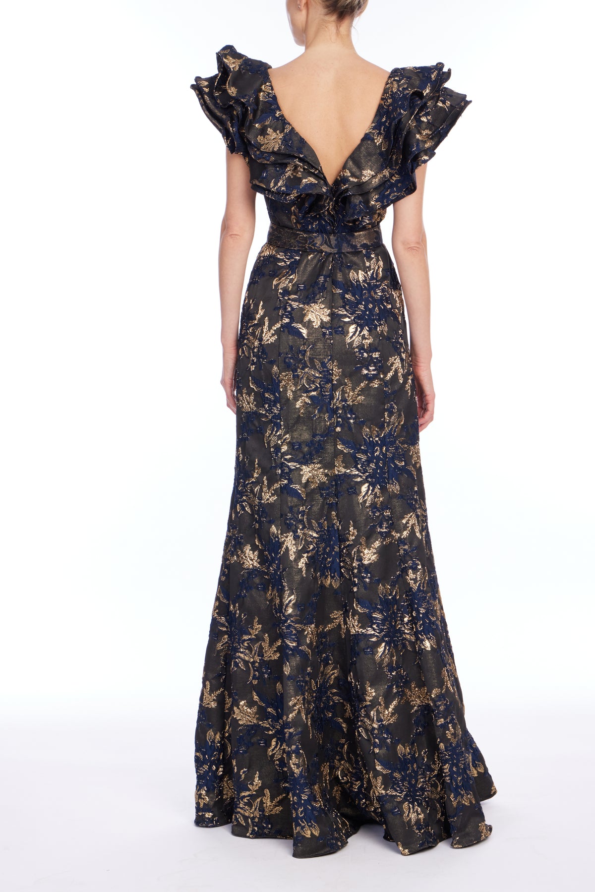 Navy Multi | Jacquard Ruffle Gown Back