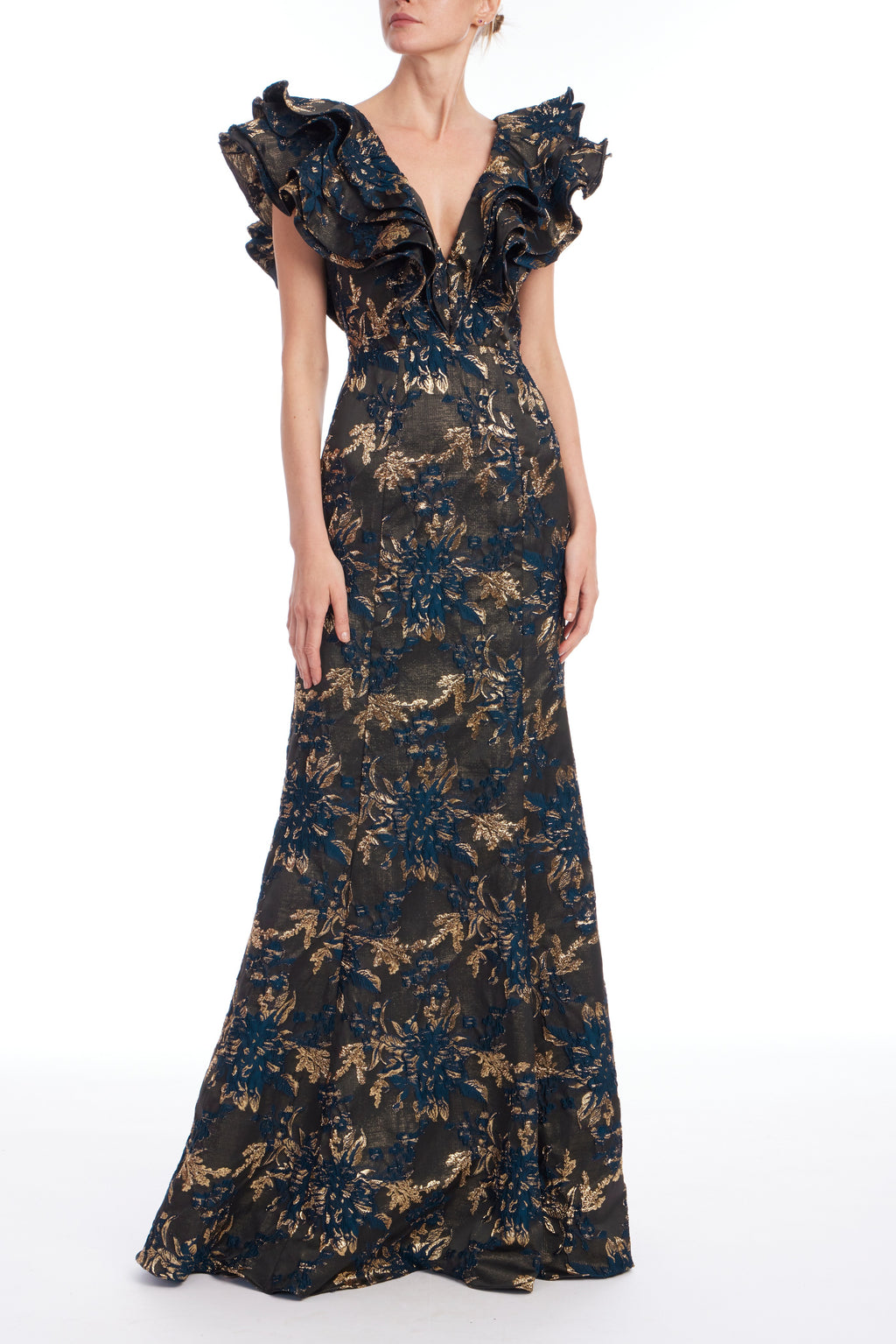 Navy Multi | Jacquard Ruffle Gown Front
