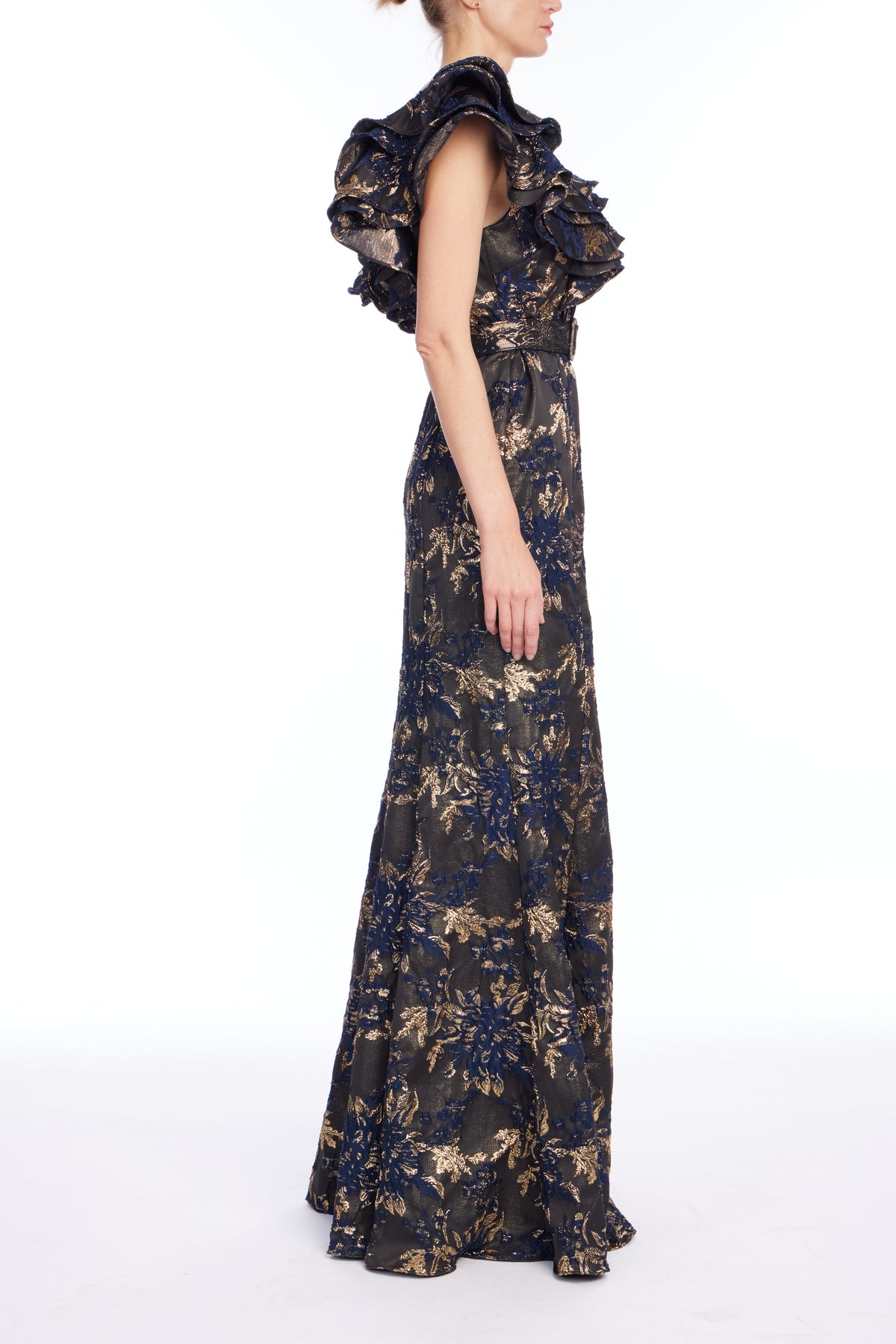 Navy Multi | Jacquard Ruffle Gown Side
