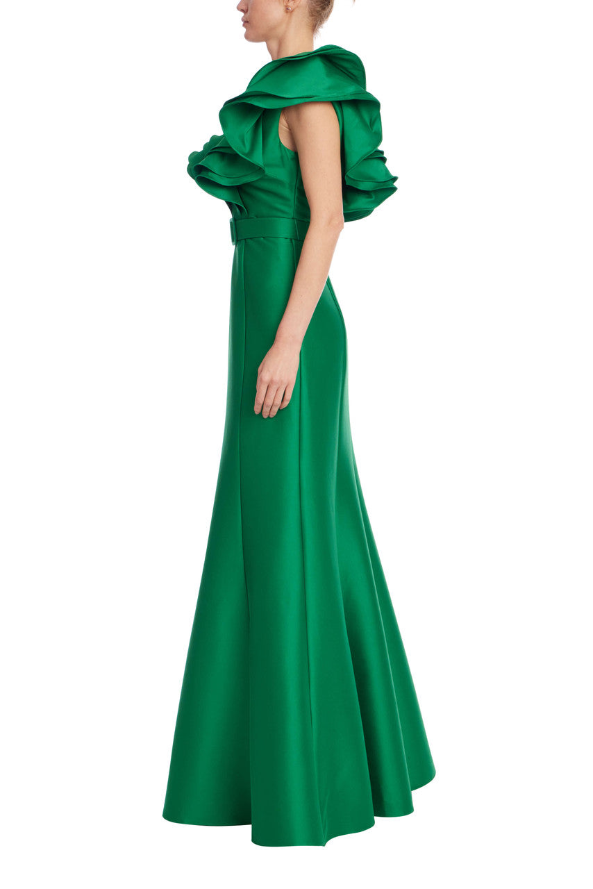 Palm Green | Ruffled Neckline Belted Trumpet Gown Side