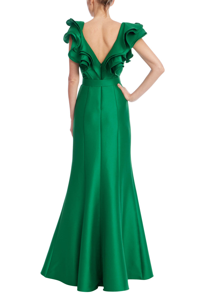Palm Green | Ruffled Neckline Belted Trumpet Gown Back