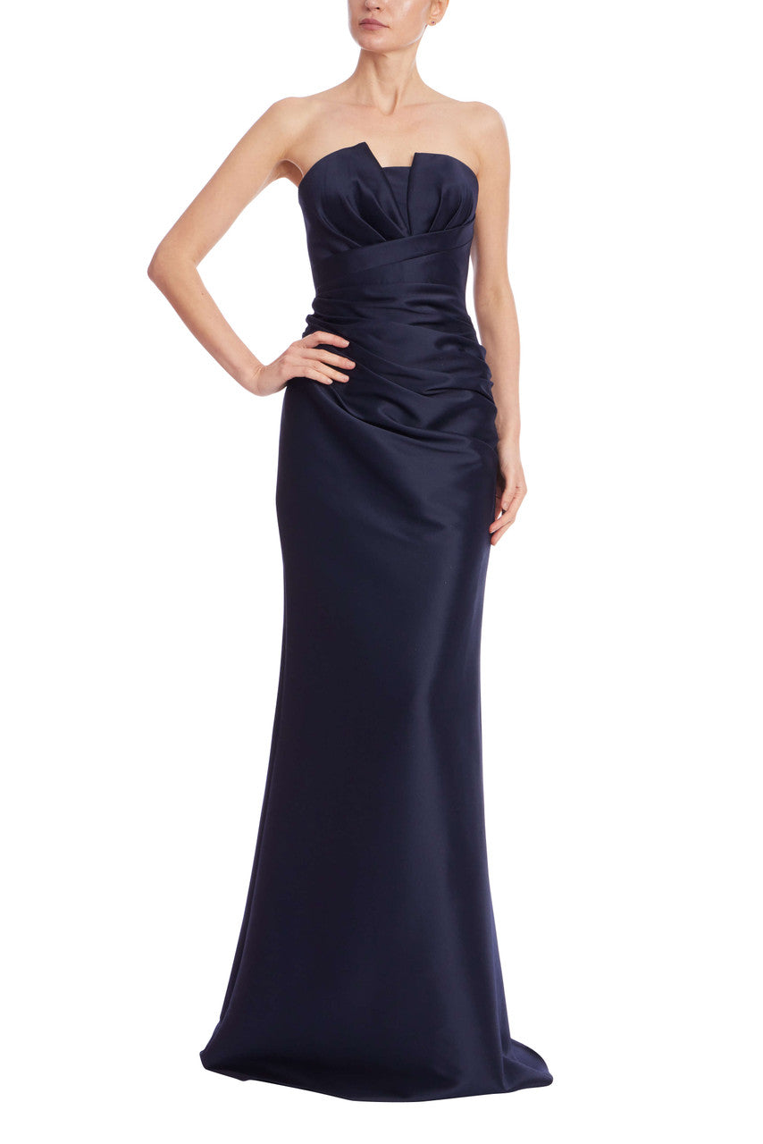 Navy | Strapless Ruched Mikado Trumpet Gown Front
