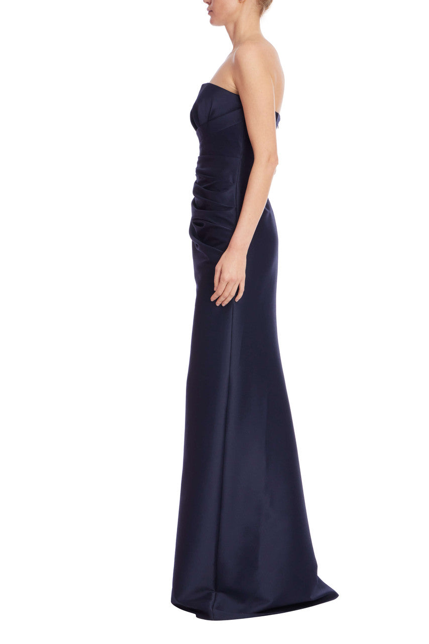 Navy | Strapless Ruched Mikado Trumpet Gown Side