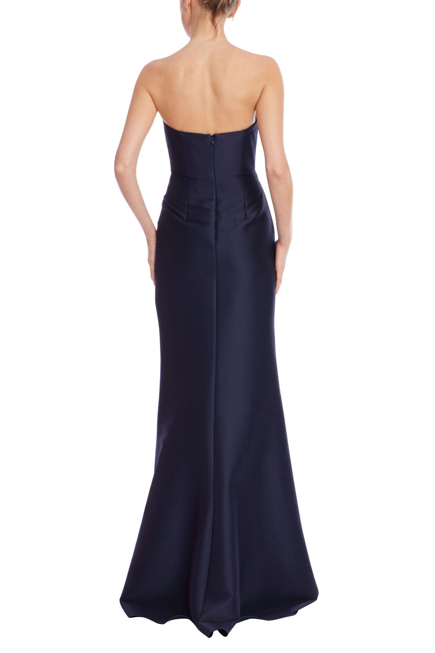 Navy | Strapless Ruched Mikado Trumpet Gown Back