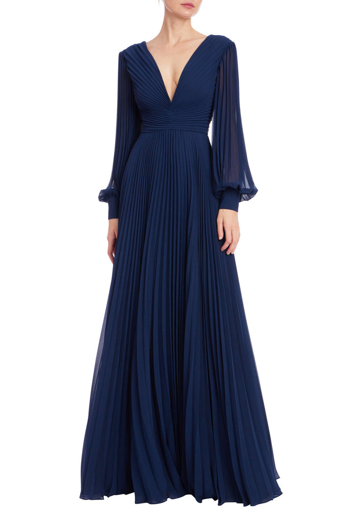 metallic long sleeve tiered cocktail midi dress jewel badgley mischka Pleated Georgette Long Sleeve Gown by Badgley Mischka