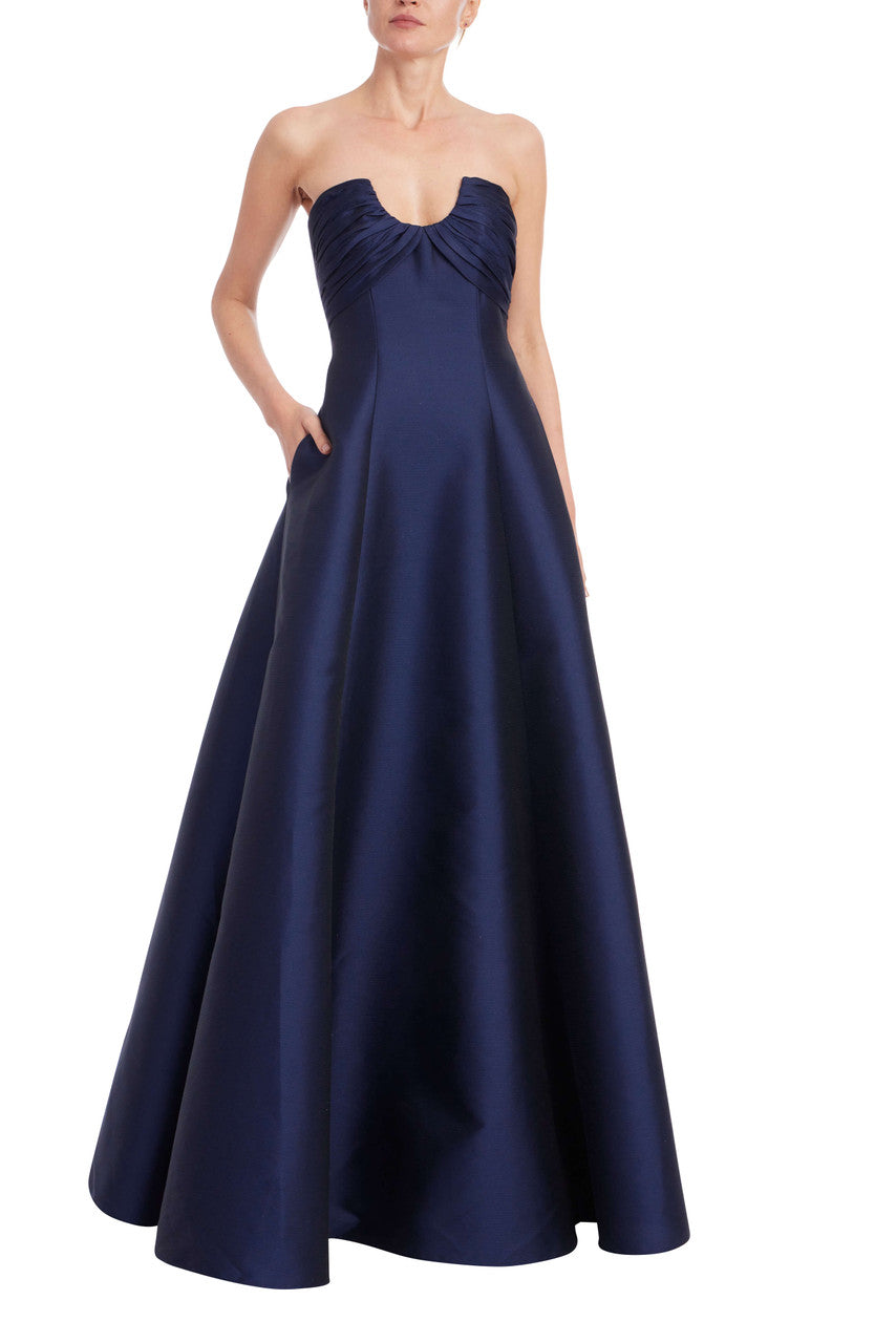 Navy | Strapless A-Line Ball Gown with Pockets Front