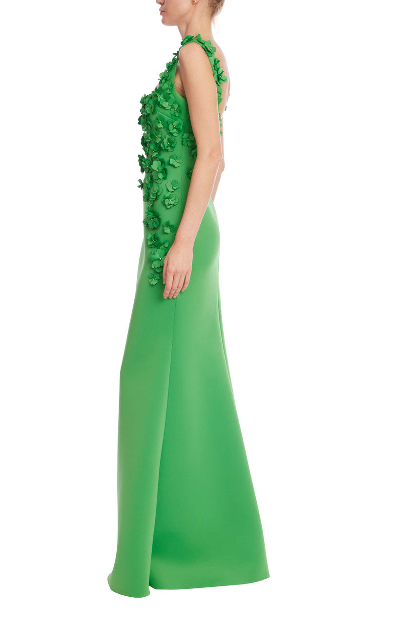 Green | Square Neck Floral Appliqué A-Line Gown Side