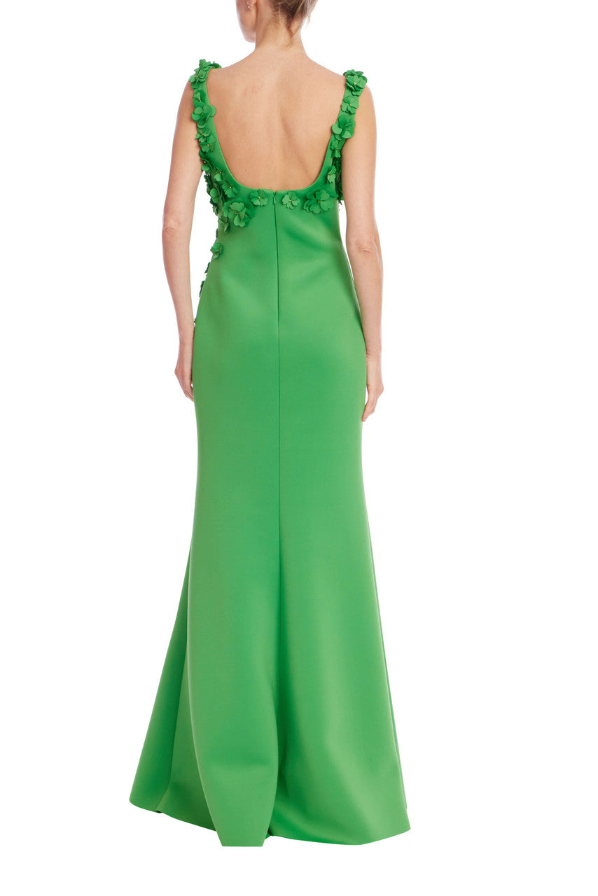 Green | Square Neck Floral Appliqué A-Line Gown Back