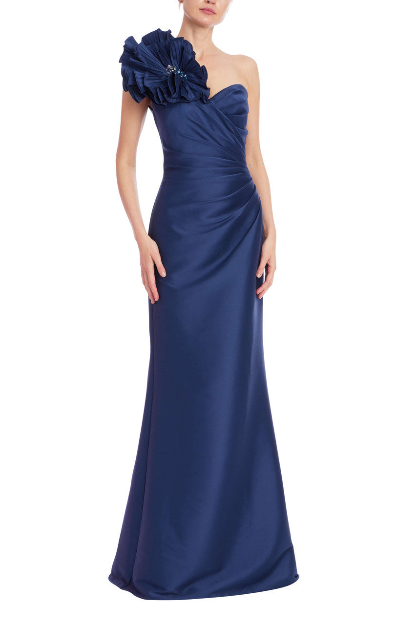 Navy | One-Shoulder Draped Bodice Trumpet Gown Front