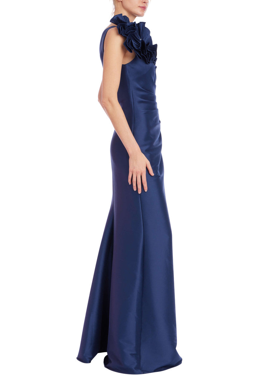 Navy | One-Shoulder Draped Bodice Trumpet Gown Side