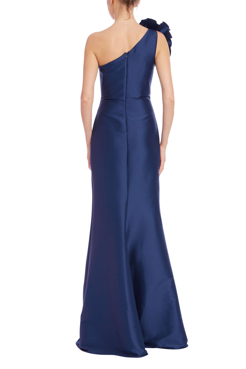 Navy | One-Shoulder Draped Bodice Trumpet Gown Back
