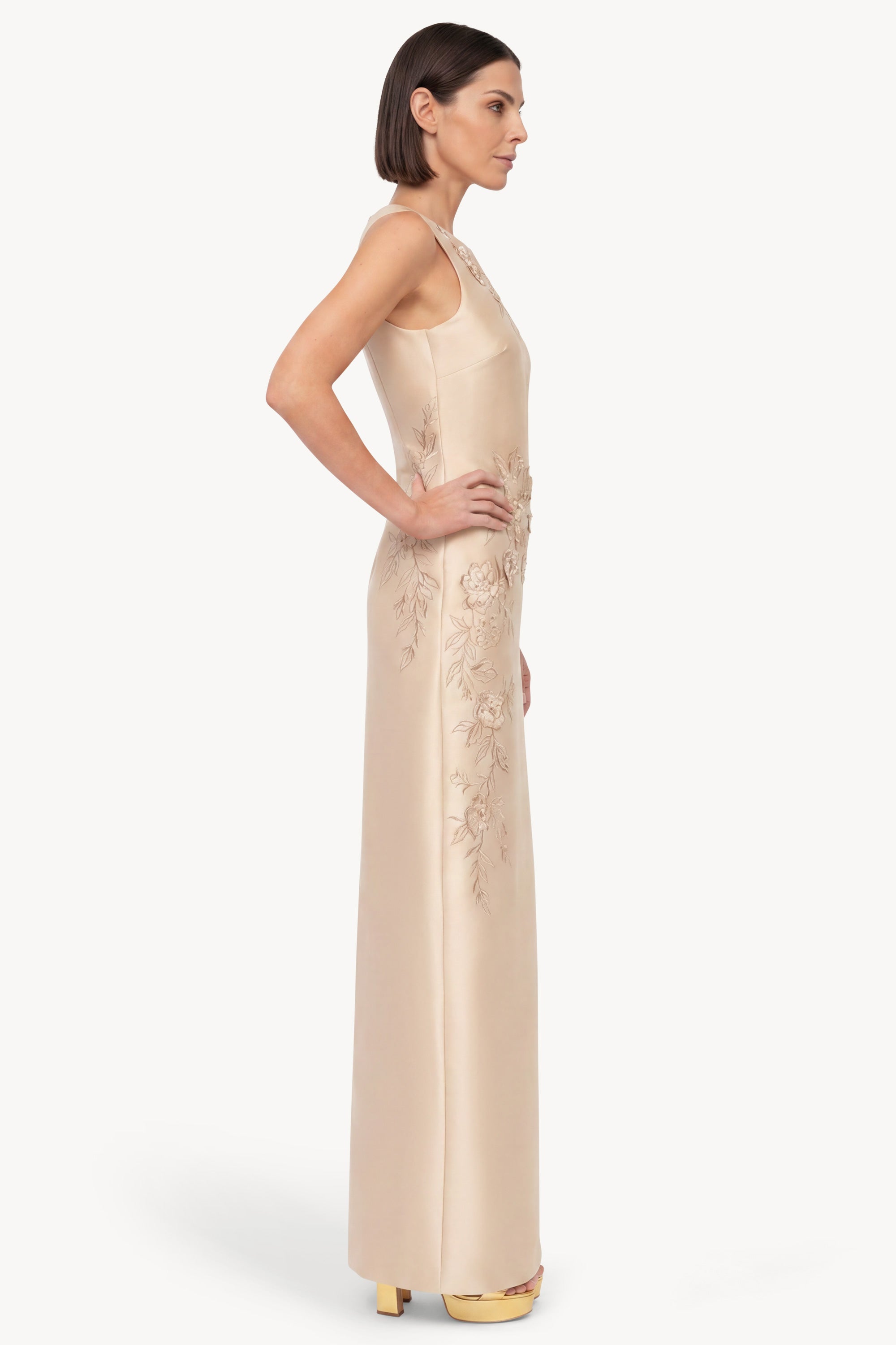 Beaded Applique Sleeveless Column Gown Dress