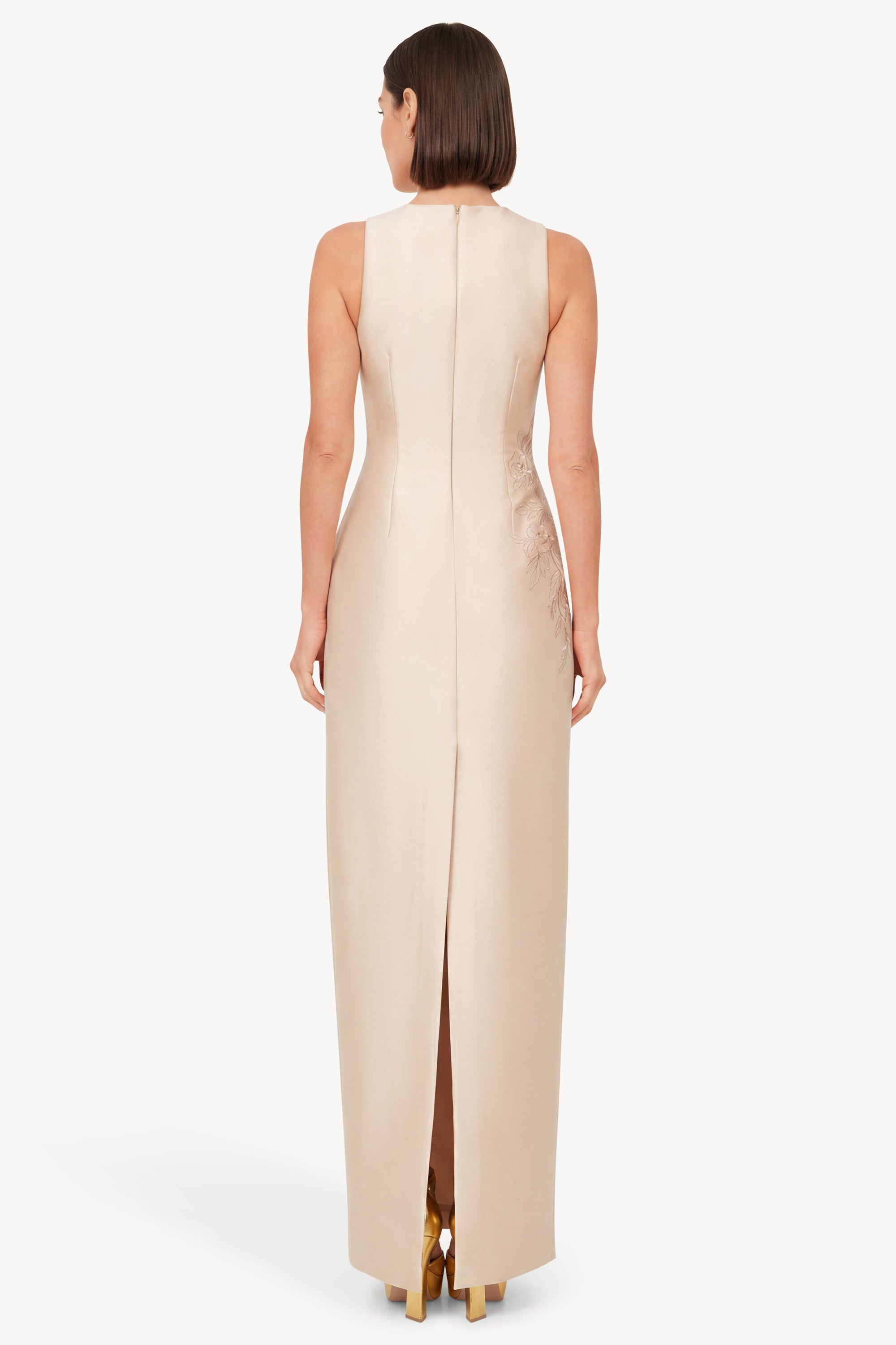 Champagne | Beaded Applique Sleeveless Column Gown Back