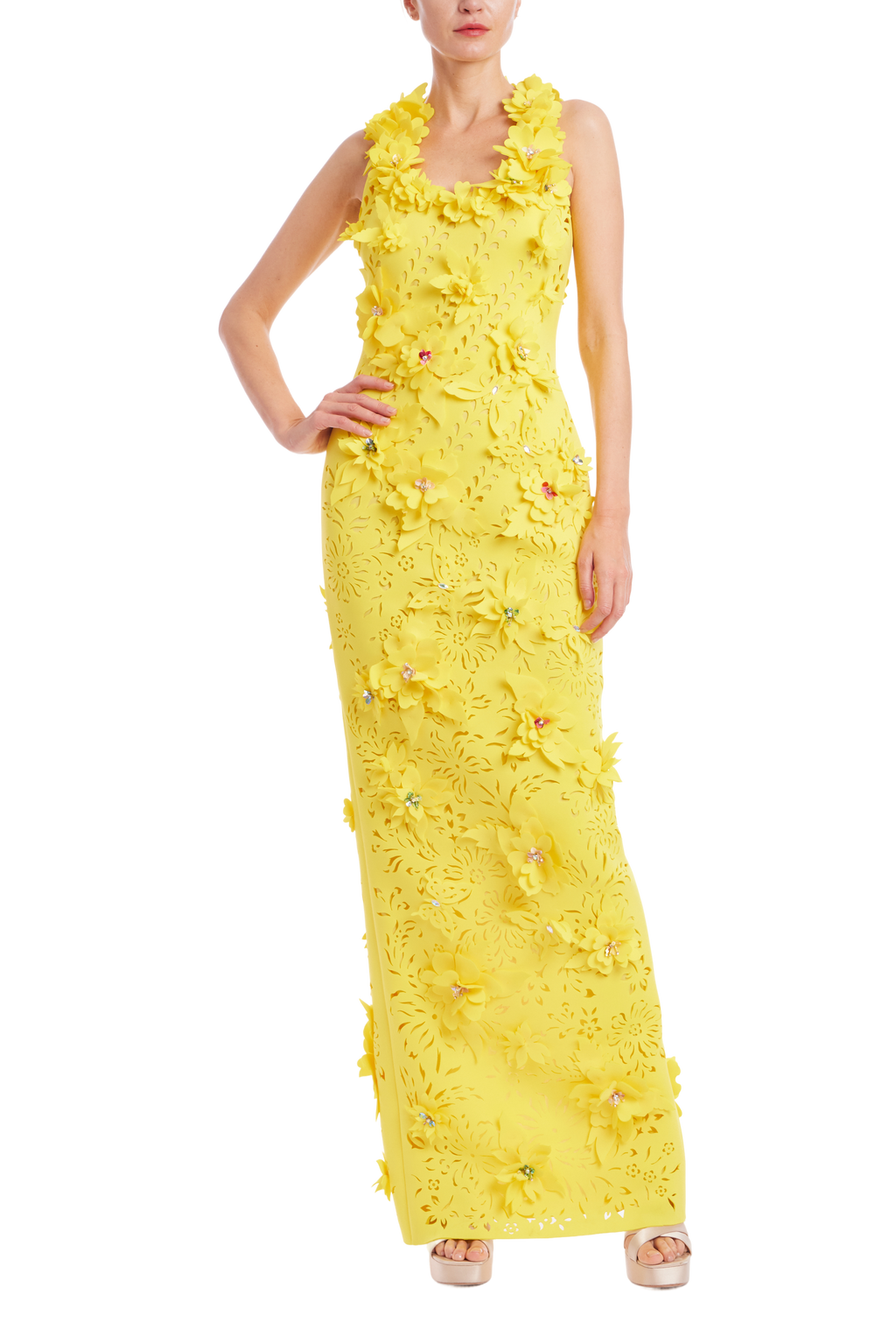 Marigold | 3D Floral Scuba Sleeveless Gown Front