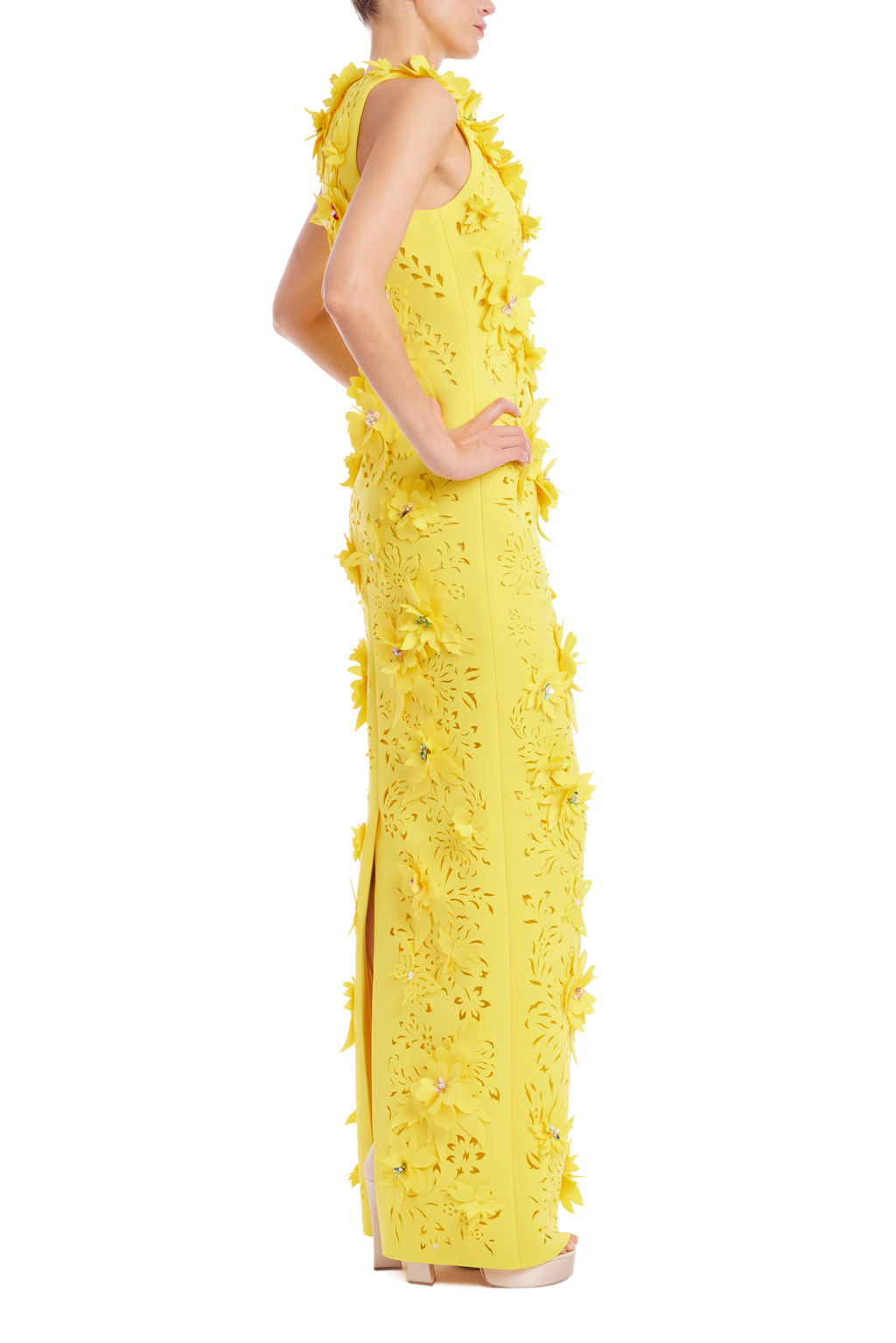 Marigold | 3D Floral Scuba Sleeveless Gown Side