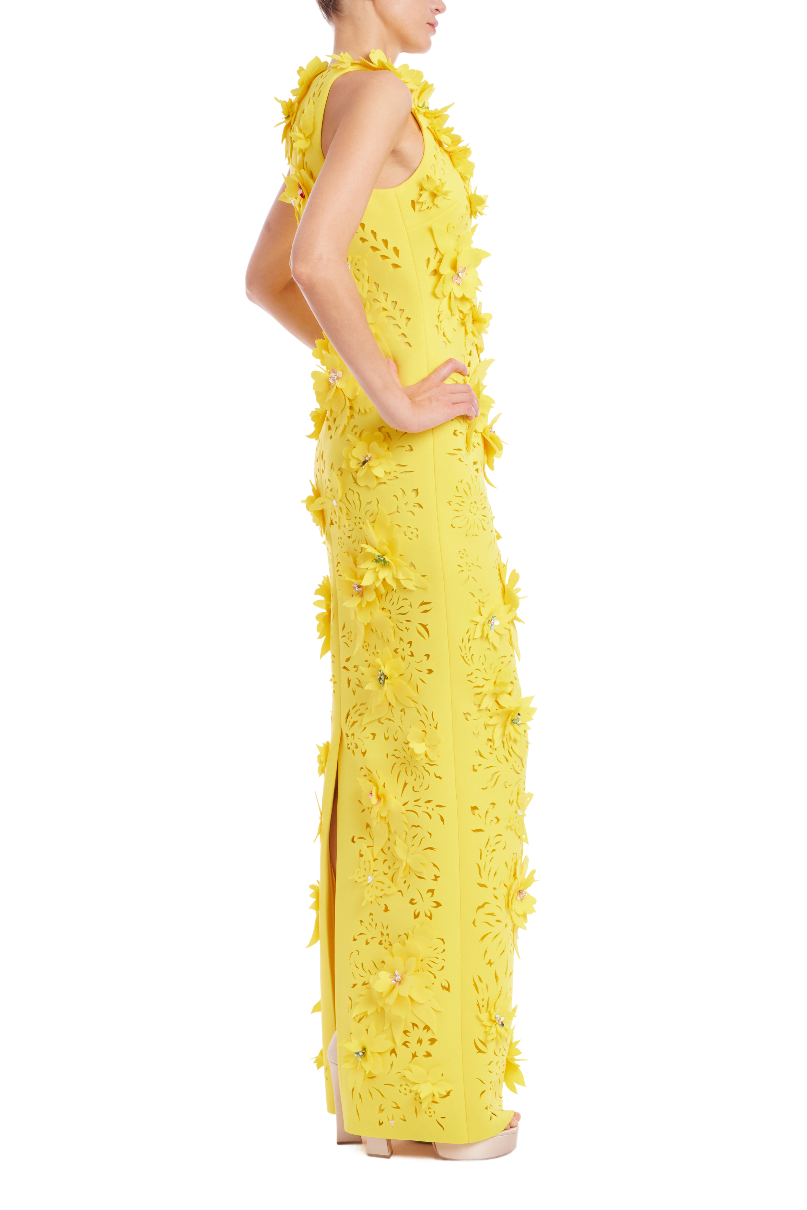 Badgley Mischka 3D Floral Scuba Sleeveless Gown Dress