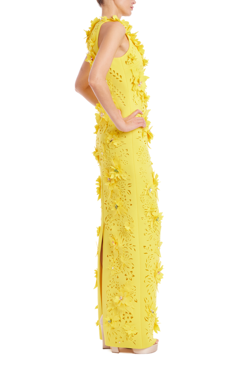 Marigold | 3D Floral Scuba Sleeveless Gown Side