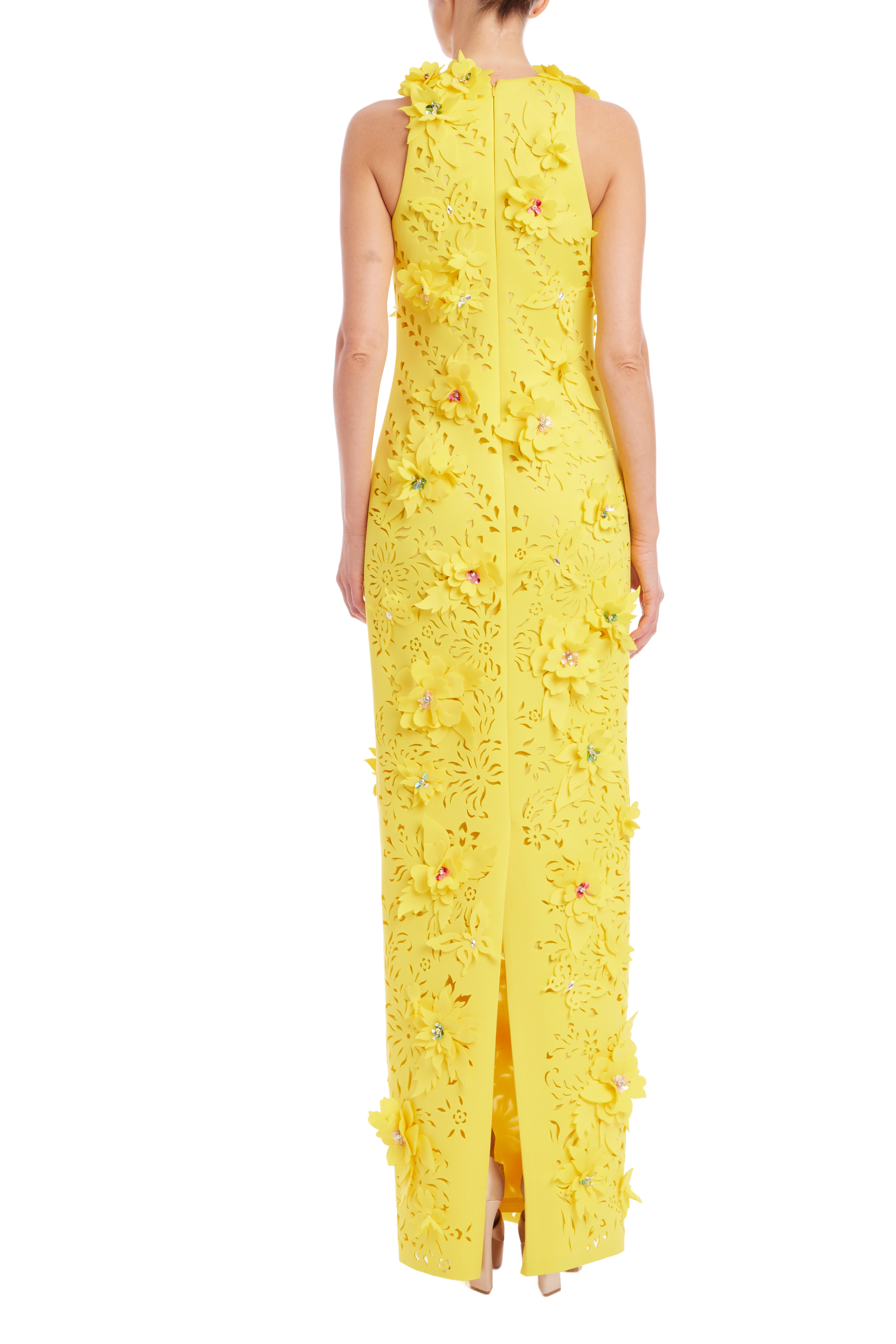 Marigold | 3D Floral Scuba Sleeveless Gown Back