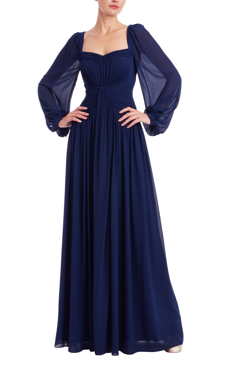 open lace back dress Pleated Sweetheart Bishop Sleeve Gown by Badgley Mischka