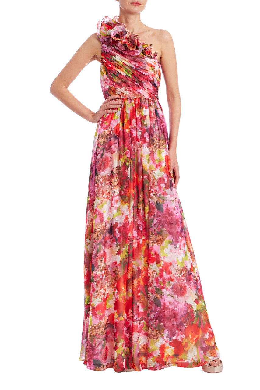 Badgley Mischka One Shoulder Ruffle Gown