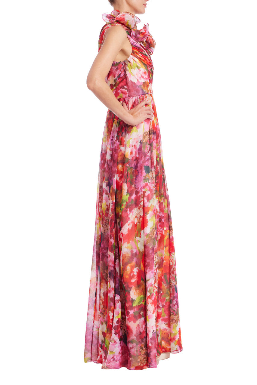 Badgley Mischka One Shoulder Ruffle Gown