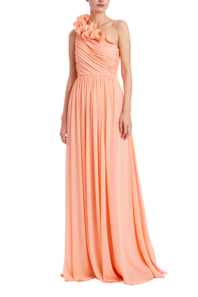 Badgley Mischka One Shoulder Ruffle Gown