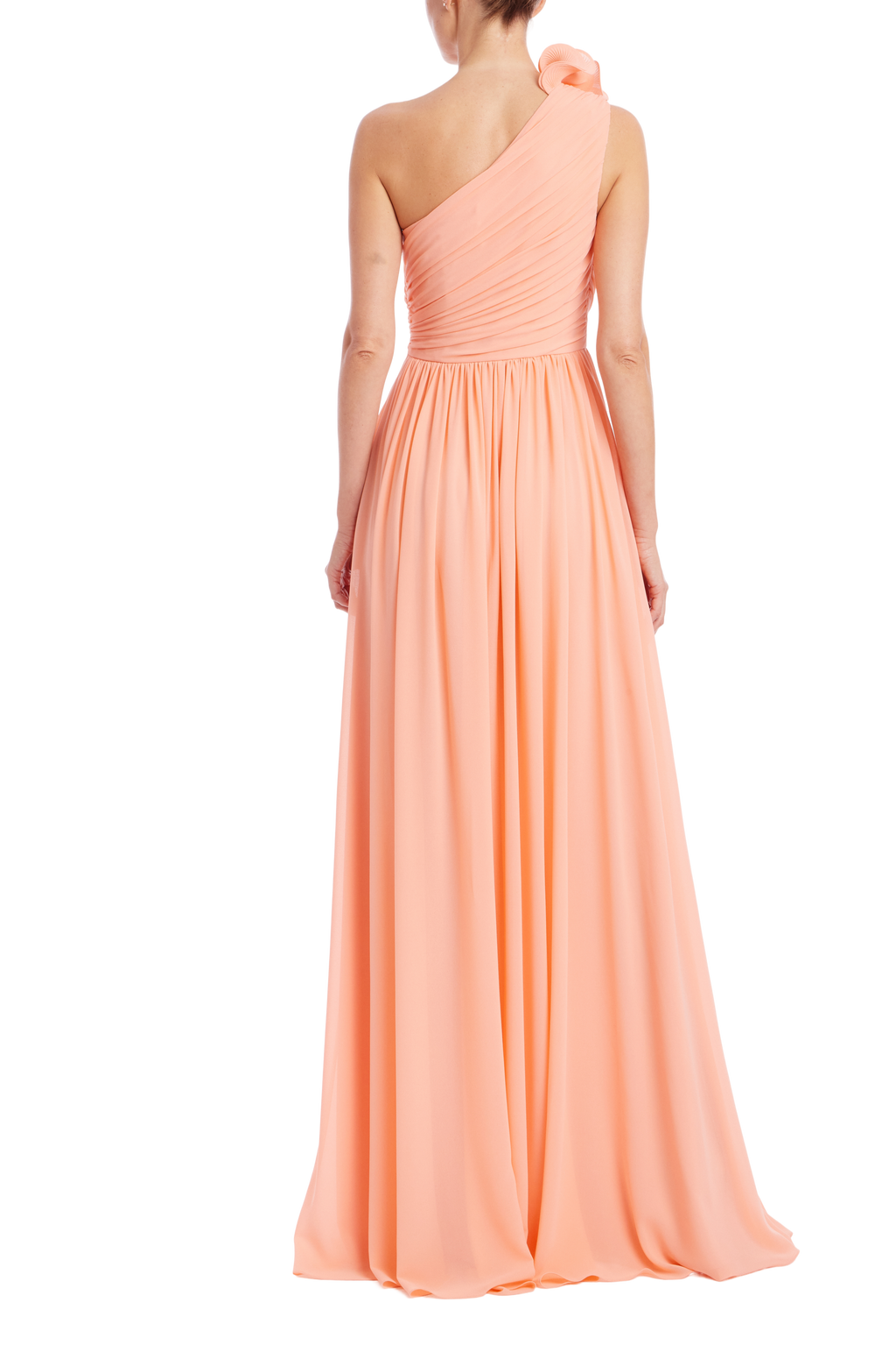 Coral | Ruffle One-Shoulder Pleated Evening Gown Back