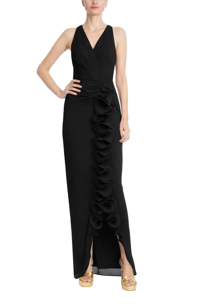 Sleeveless V-Neck Gown with 3D Rosette Ruffle by Badgley Mischka
