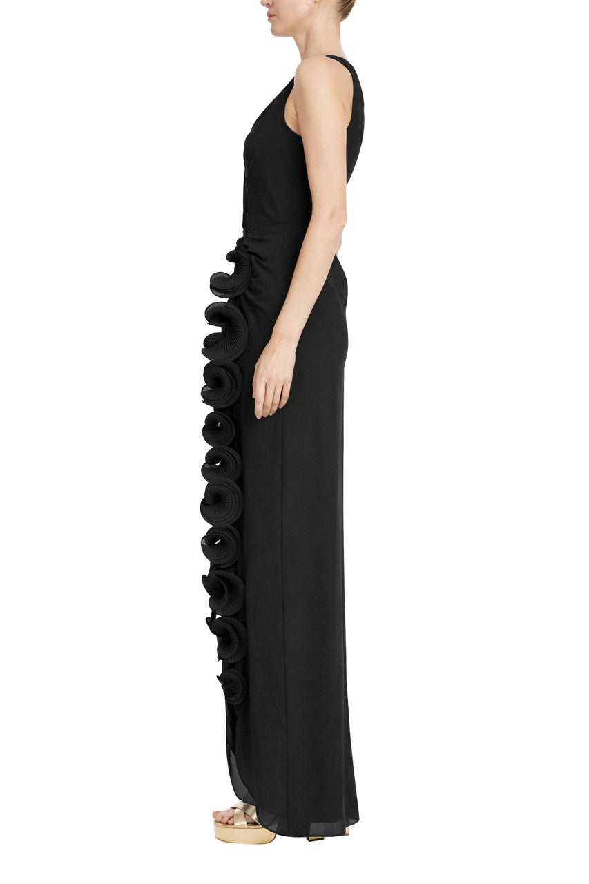 Sleeveless V-Neck Gown with 3D Rosette Ruffle by Badgley Mischka