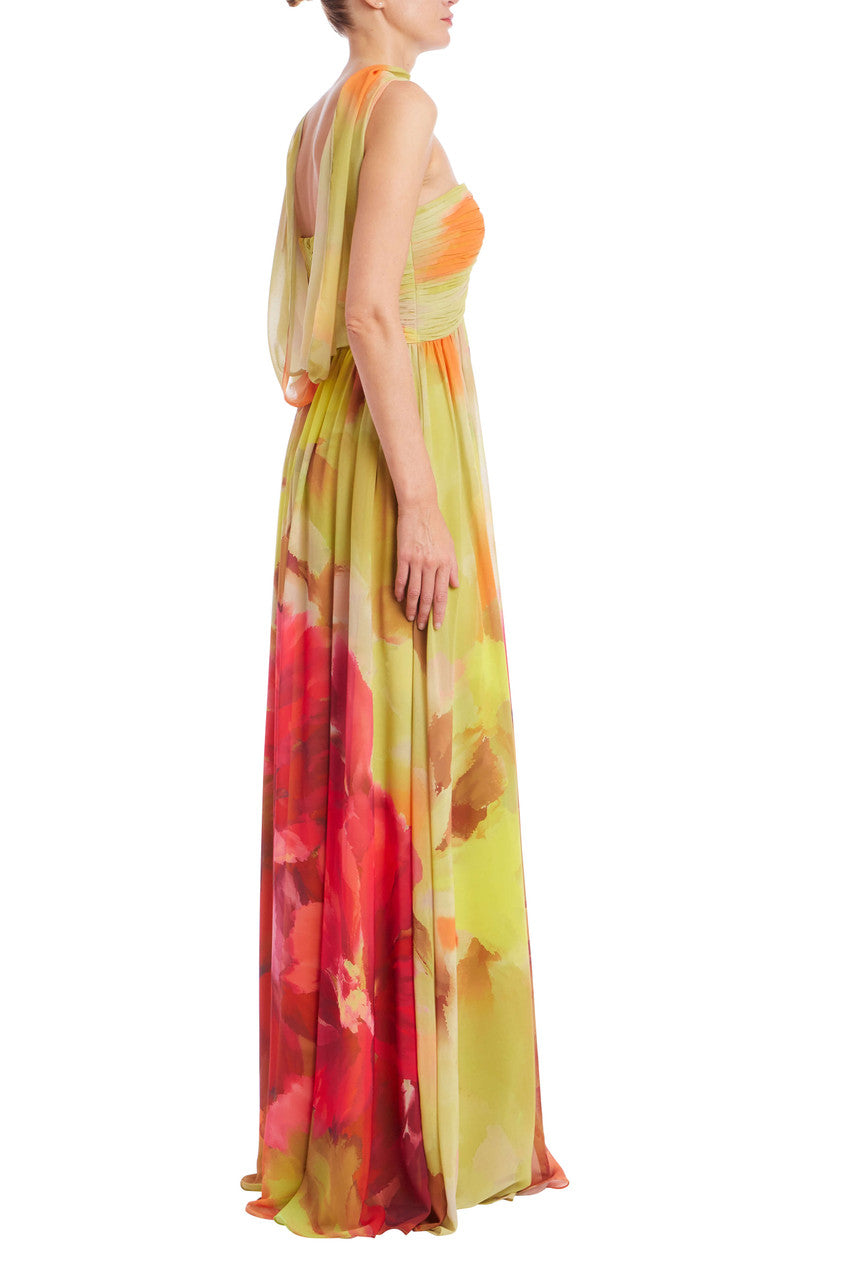 Pink Multi | Strapless Floral Print Chiffon Gown with Scarf Side