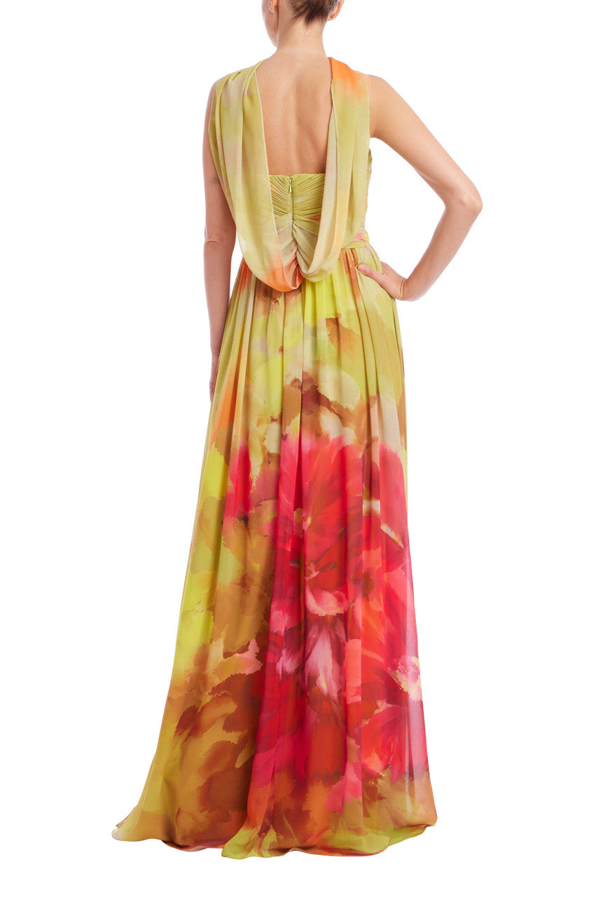 Pink Multi | Strapless Floral Print Chiffon Gown with Scarf Back