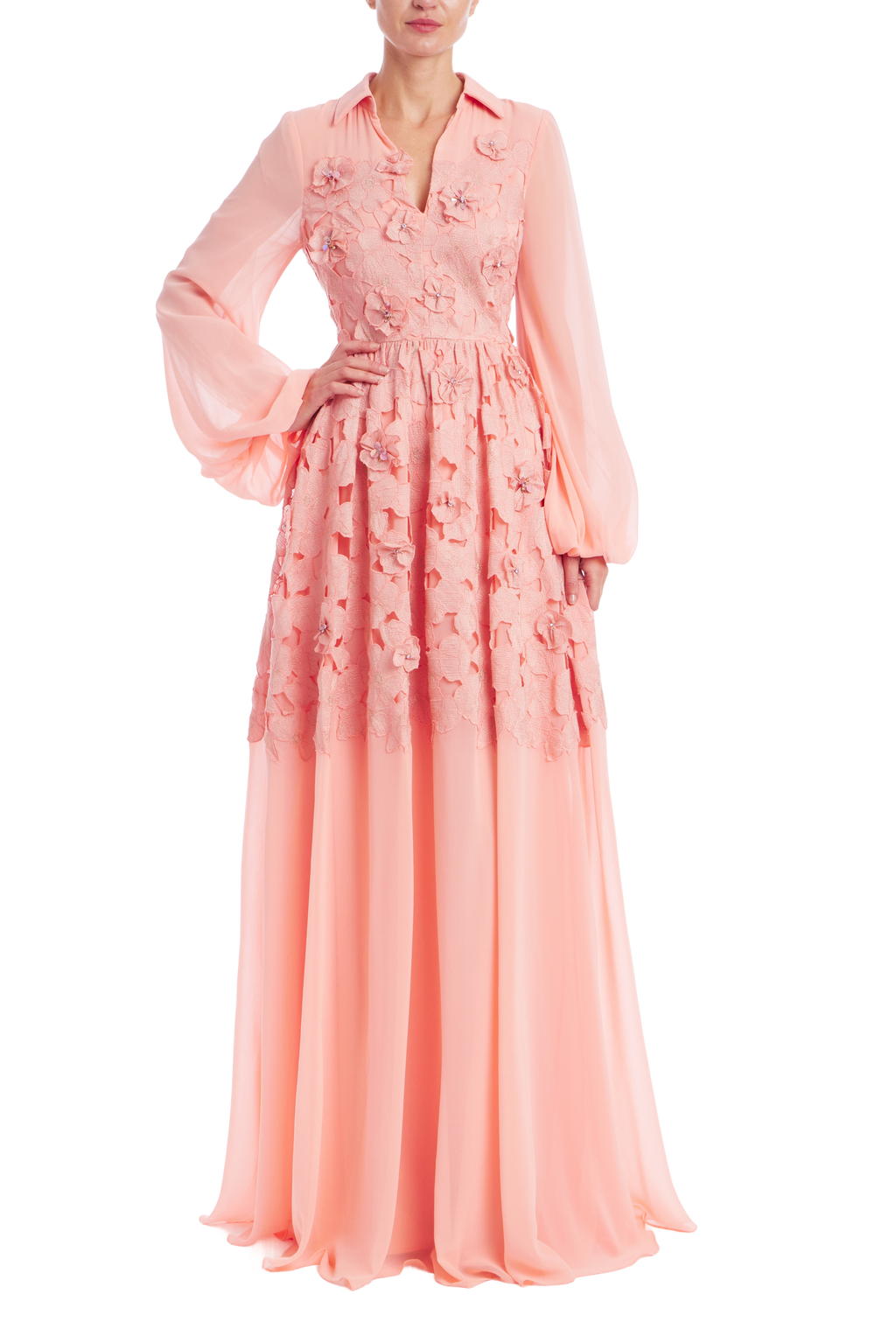 Badgley Mischka Long Sleeve Floral Lace Shirt Gown Dress