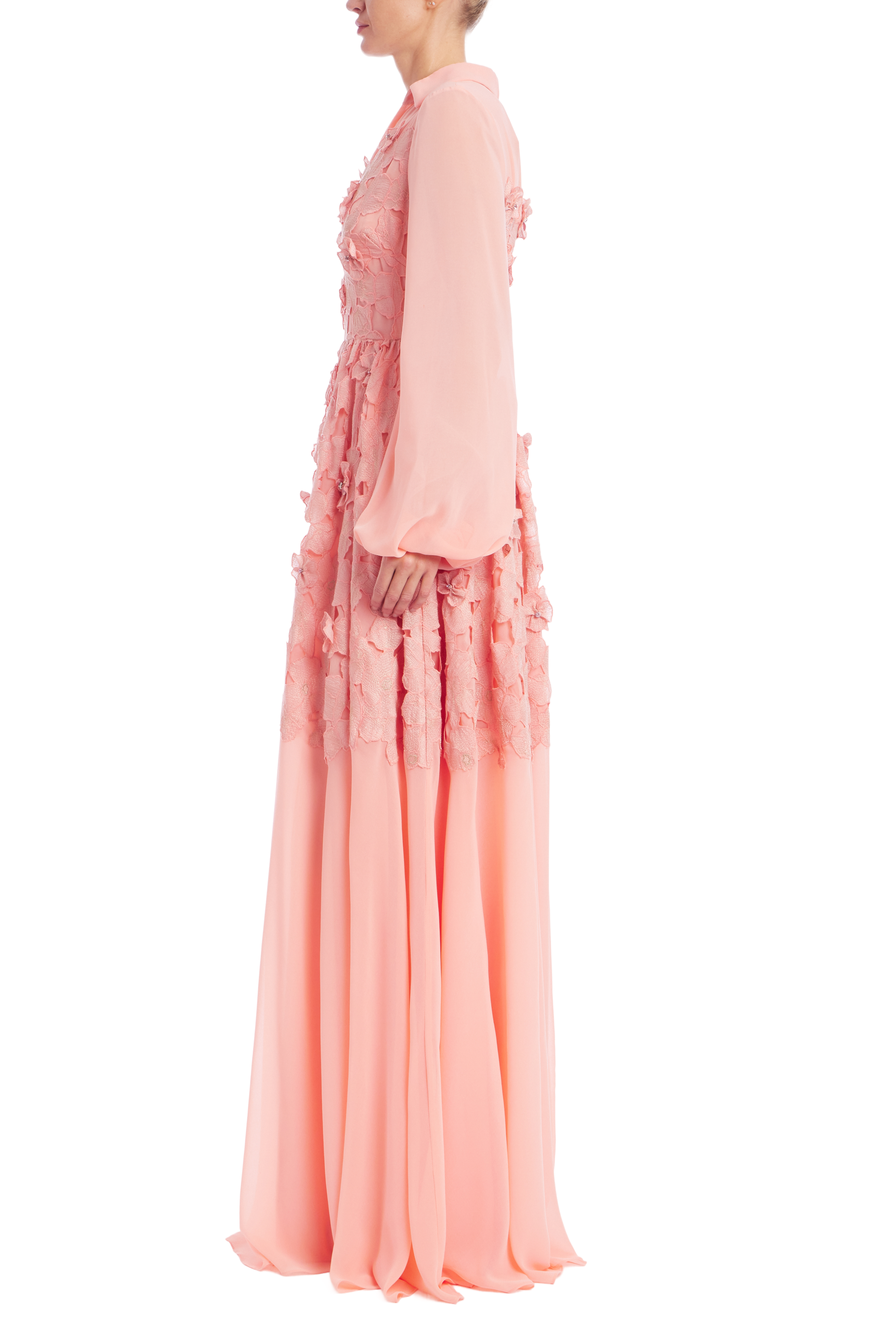 Badgley Mischka Long Sleeve Floral Lace Shirt Gown Dress