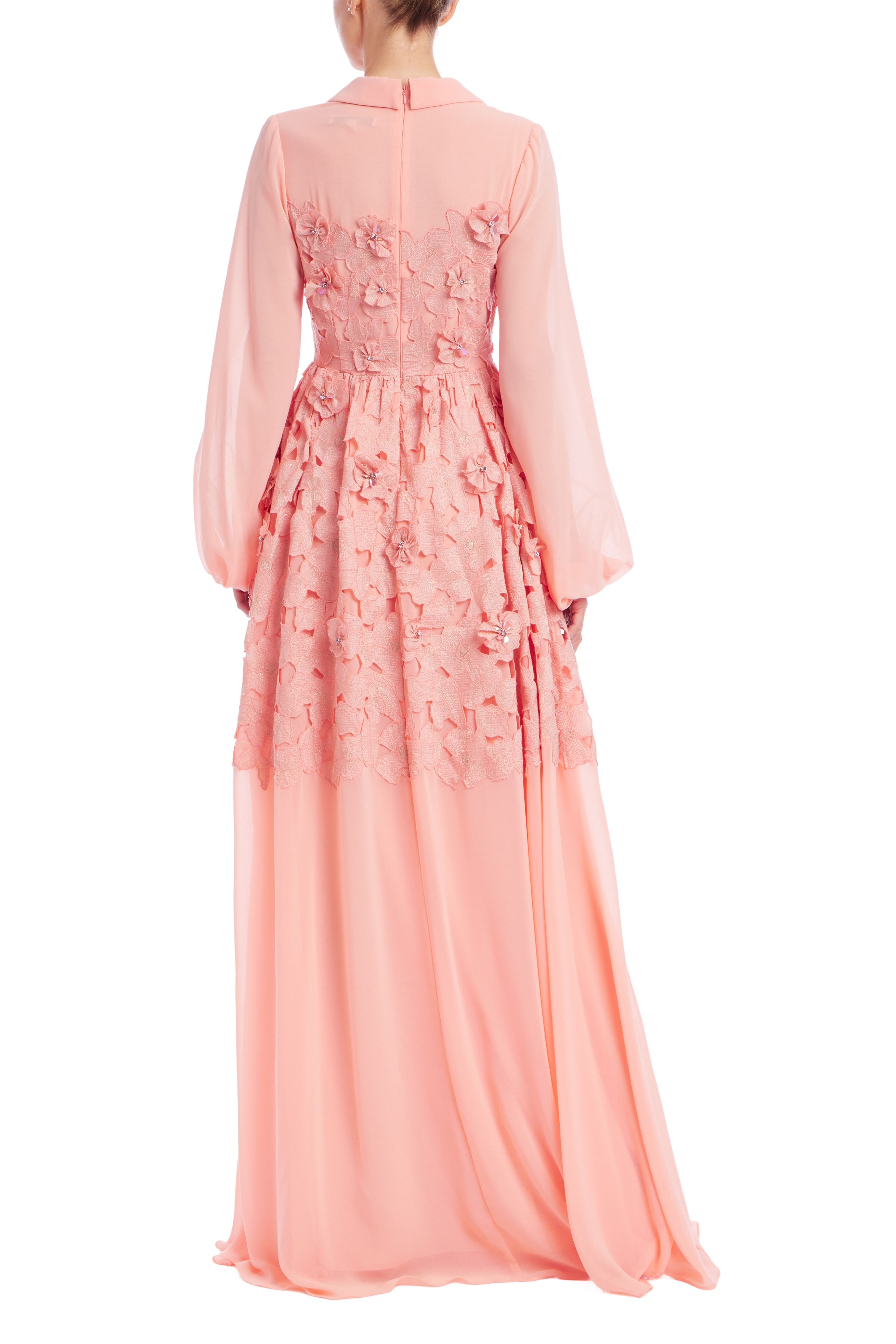 Badgley Mischka Long Sleeve Floral Lace Shirt Gown Dress