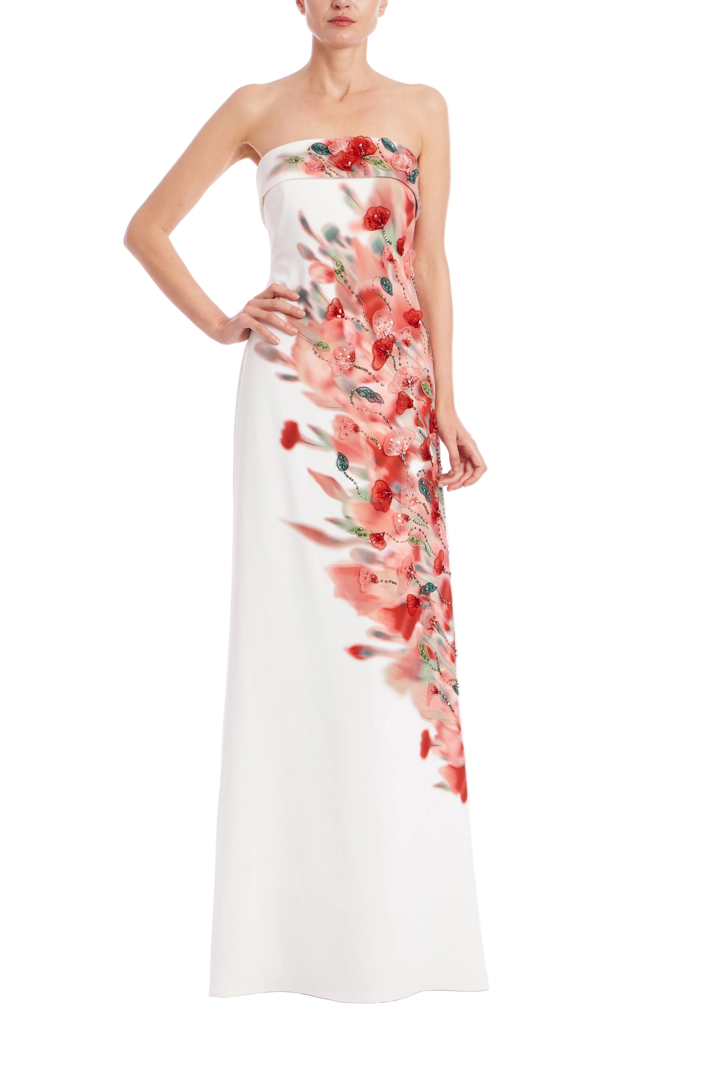 Ivory Multi | Floral Placement Strapless Column Gown Front