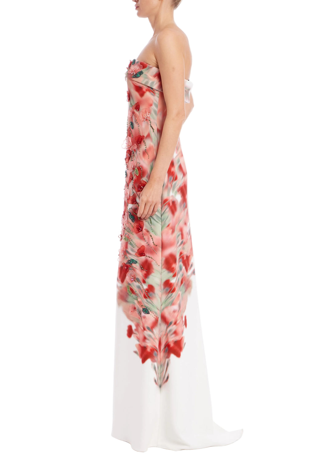 Ivory Multi | Floral Placement Strapless Column Gown Side