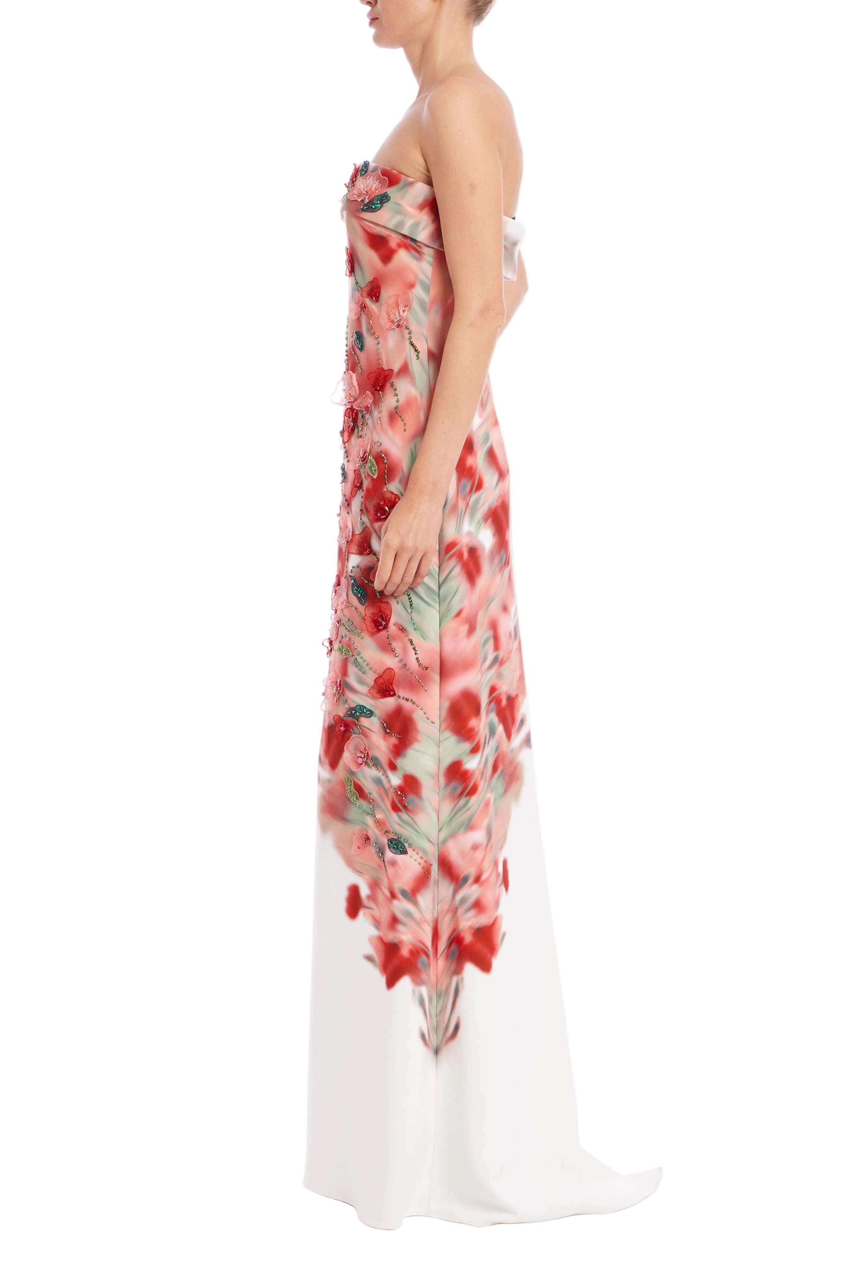 Ivory Multi | Floral Placement Strapless Column Gown Side
