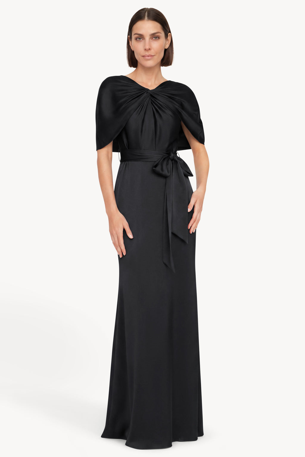 Black | Cape Sleeve Column Gown with Sash Front