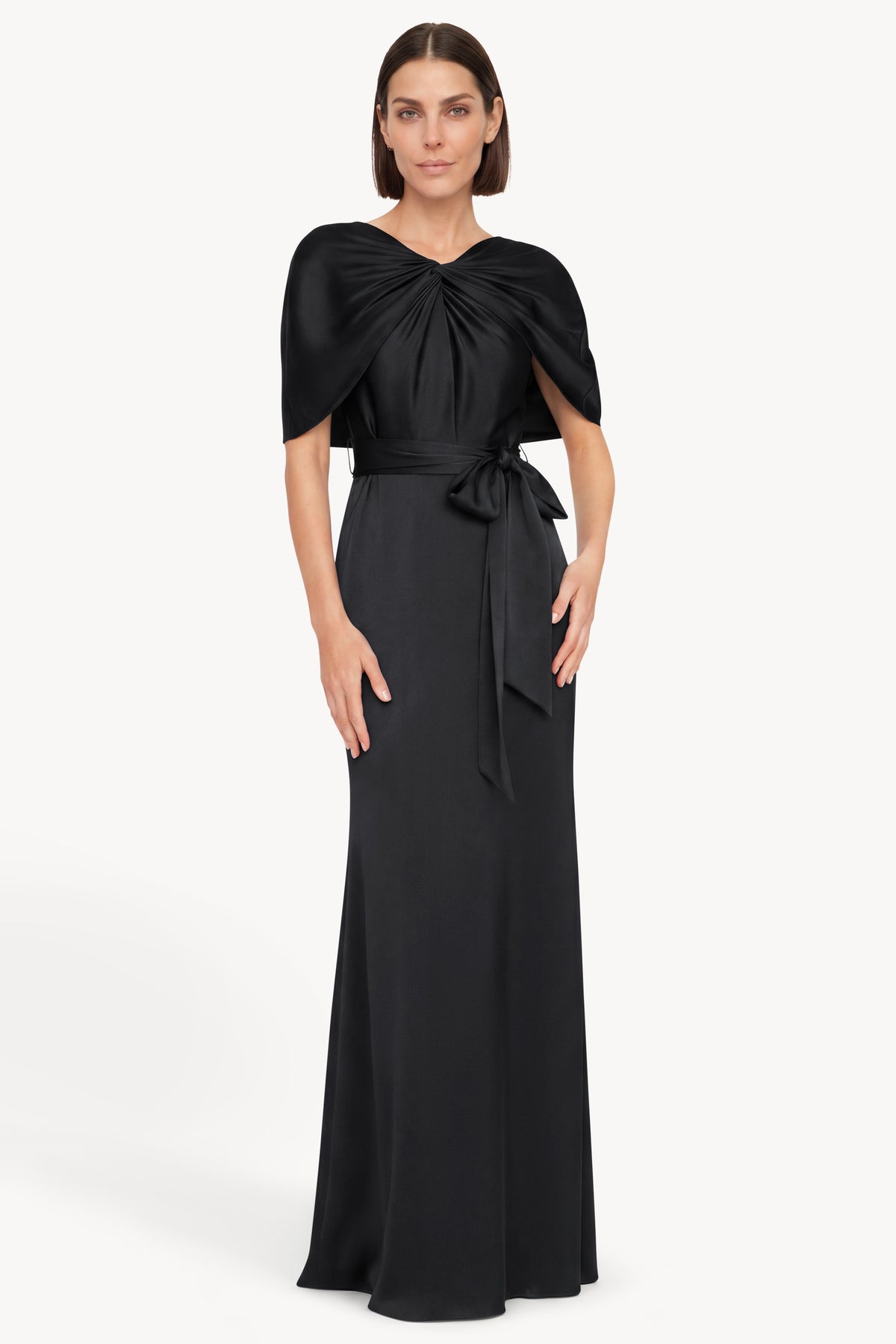 Black | Cape Sleeve Column Gown with Sash Front