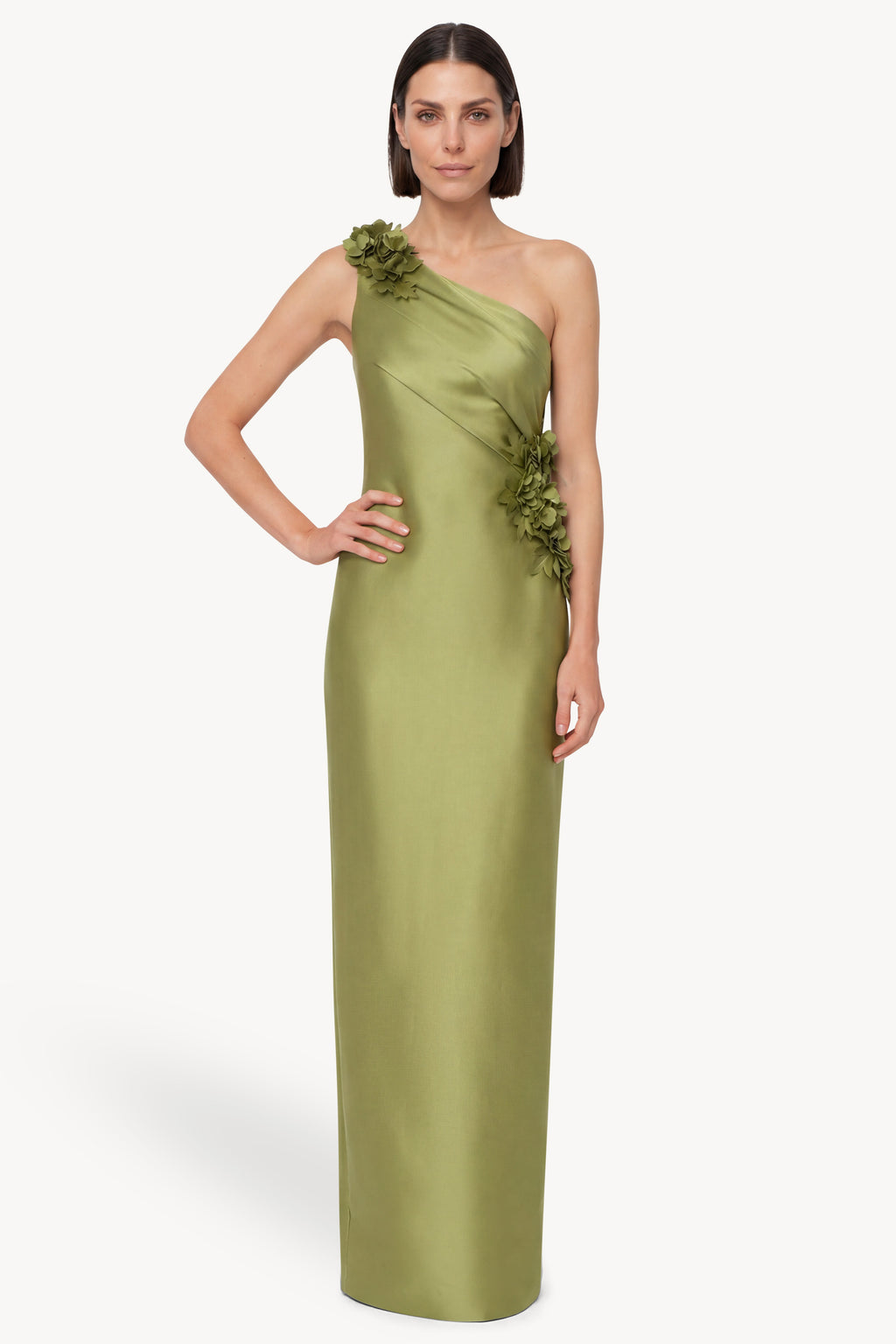 Badgley Mischka Floral Appliqué One-Shoulder Gown, Chartreuse, Women's, 8