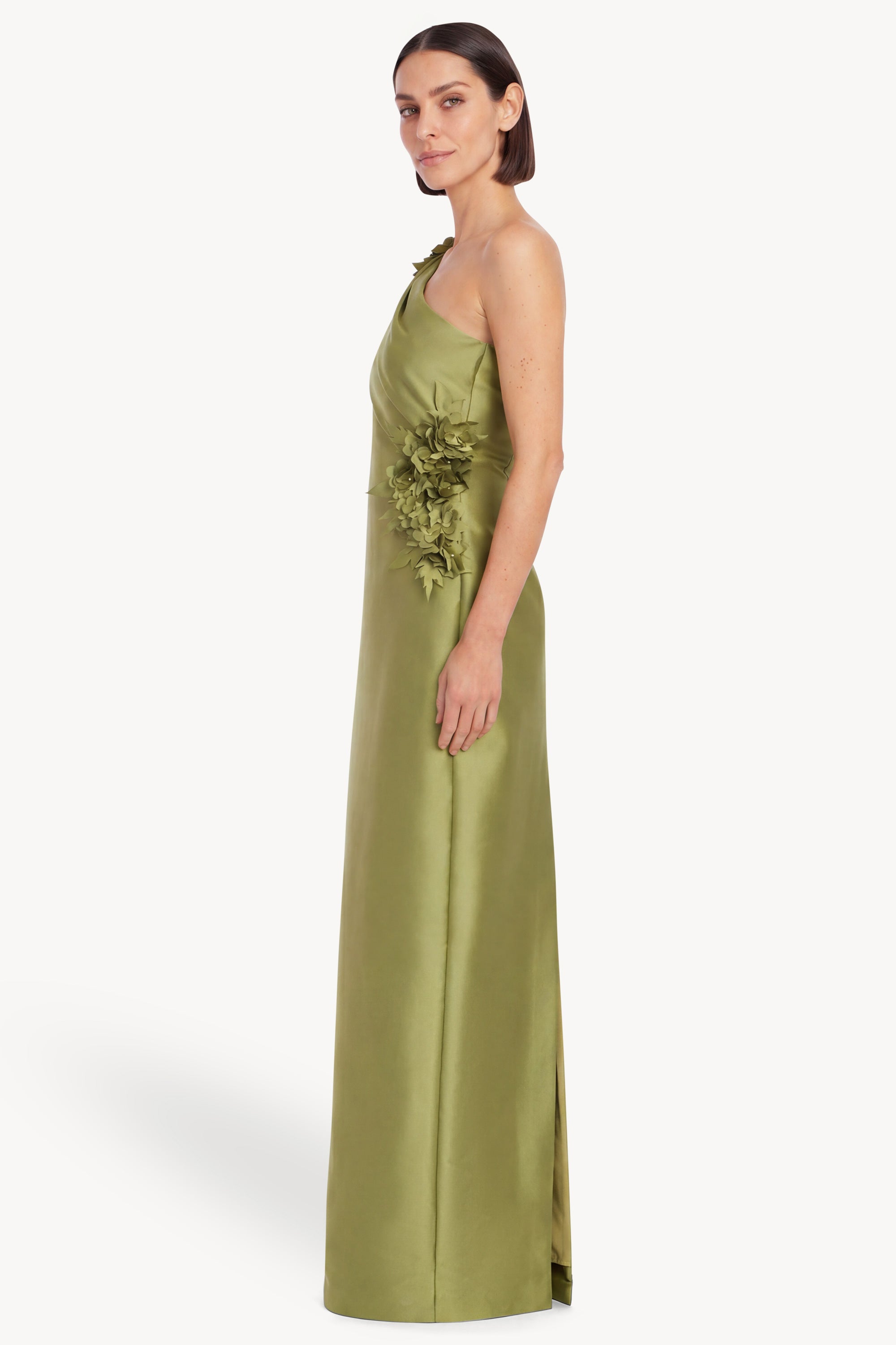 Badgley Mischka Floral Appliqué One-Shoulder Gown, Chartreuse, Women's, 8