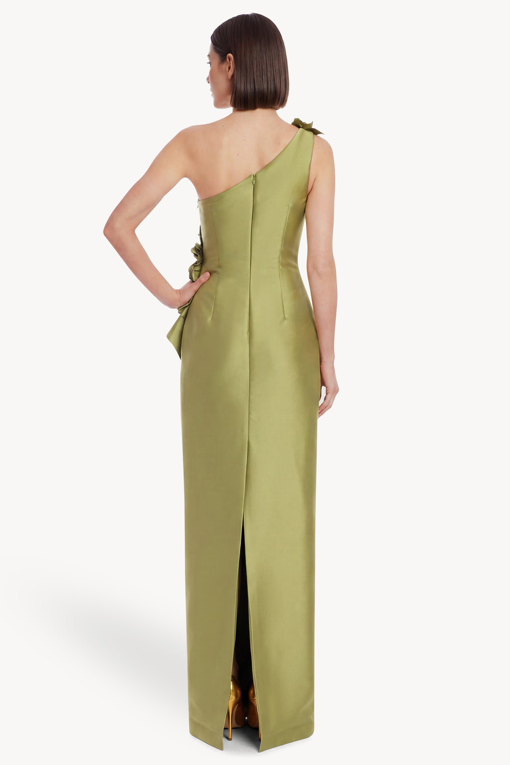 Chartreuse | One-Shoulder Floral Applique Column Gown Back