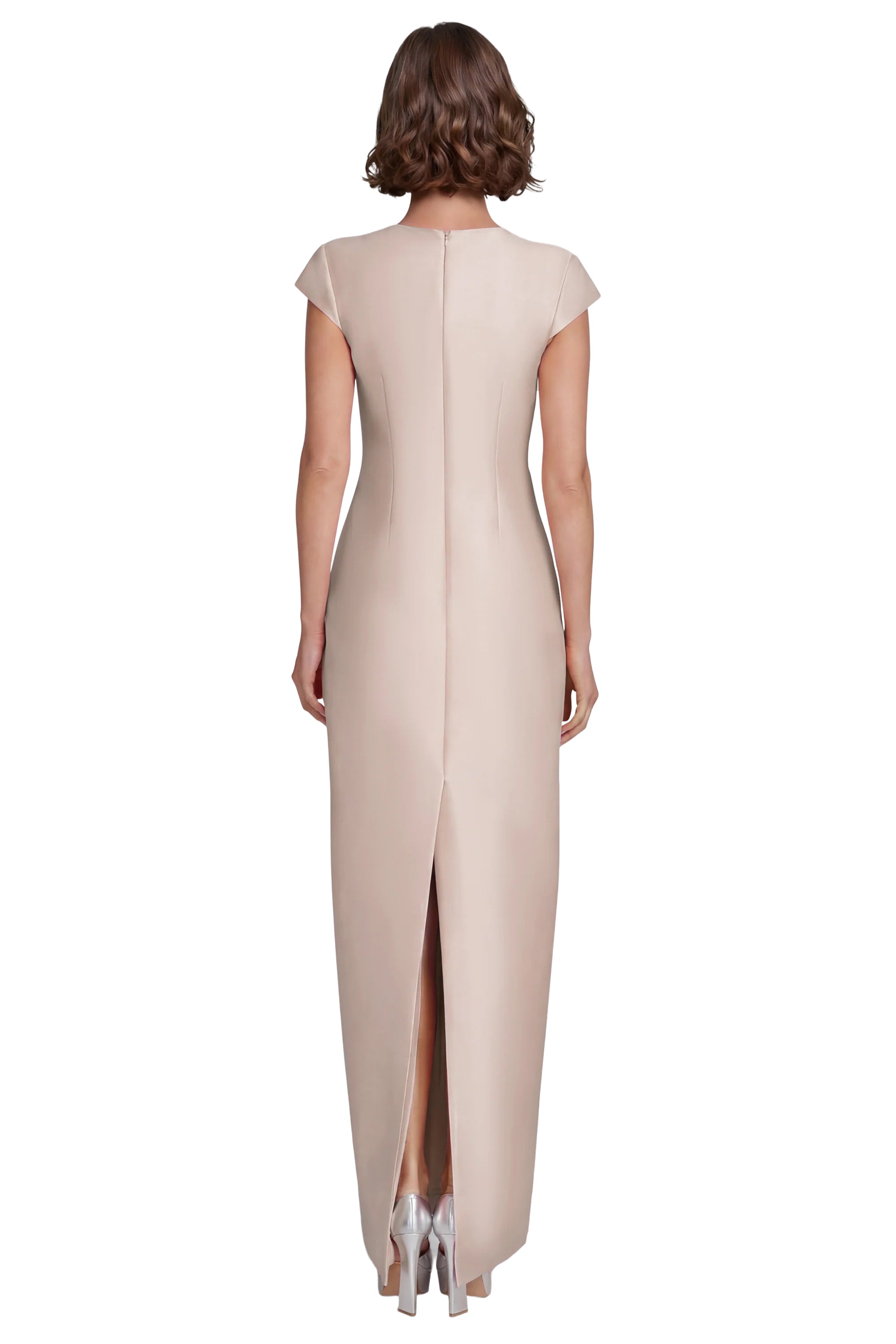 Champagne | Cap Sleeve V-Neck Column Gown Back