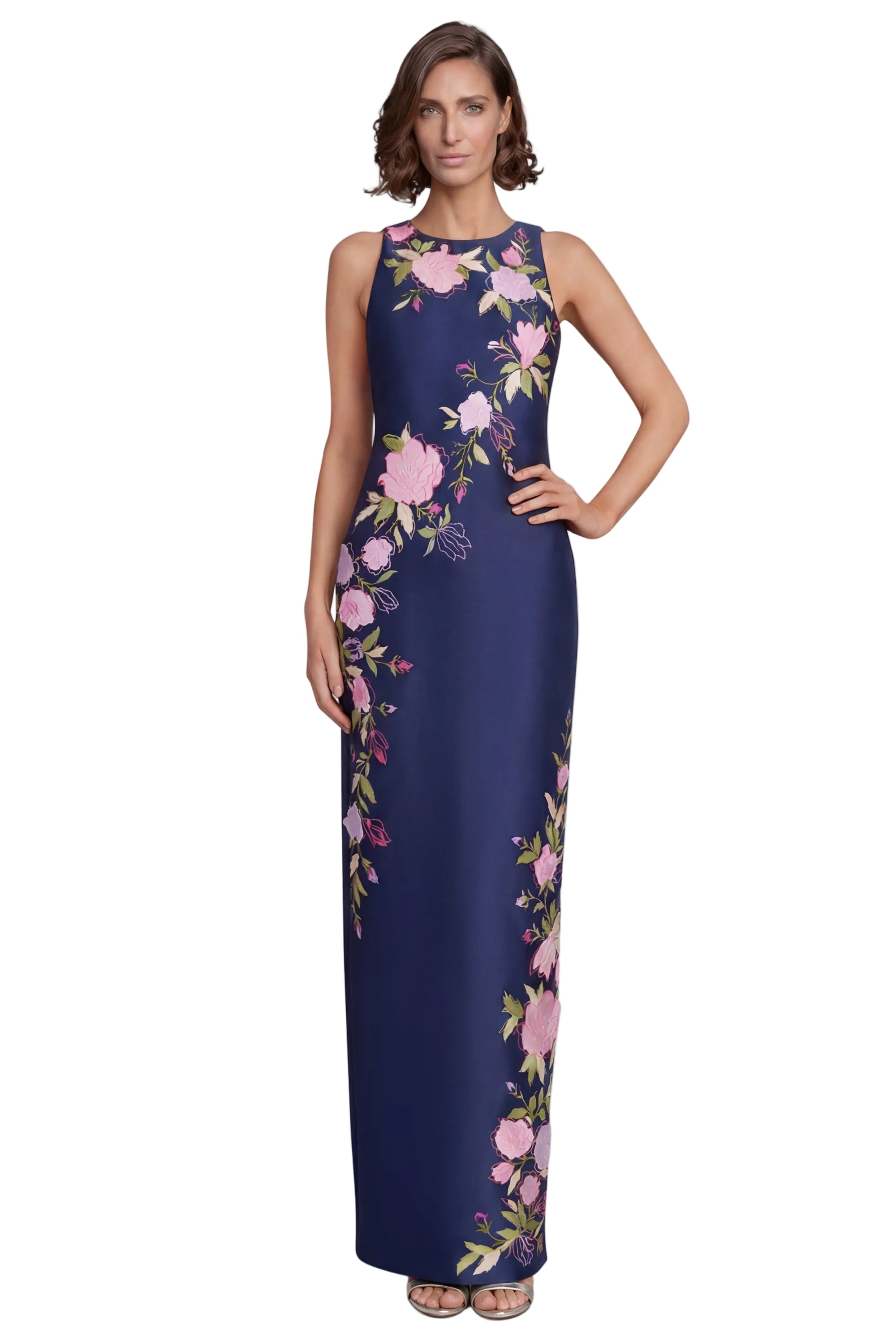 Badgley Mischka Sleeveless Embroidered Floral Column Gown Dress