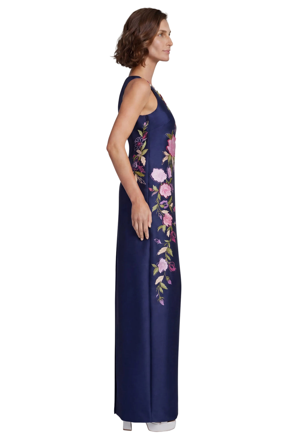 Navy | Sleeveless Embroidered Floral Column Gown Side