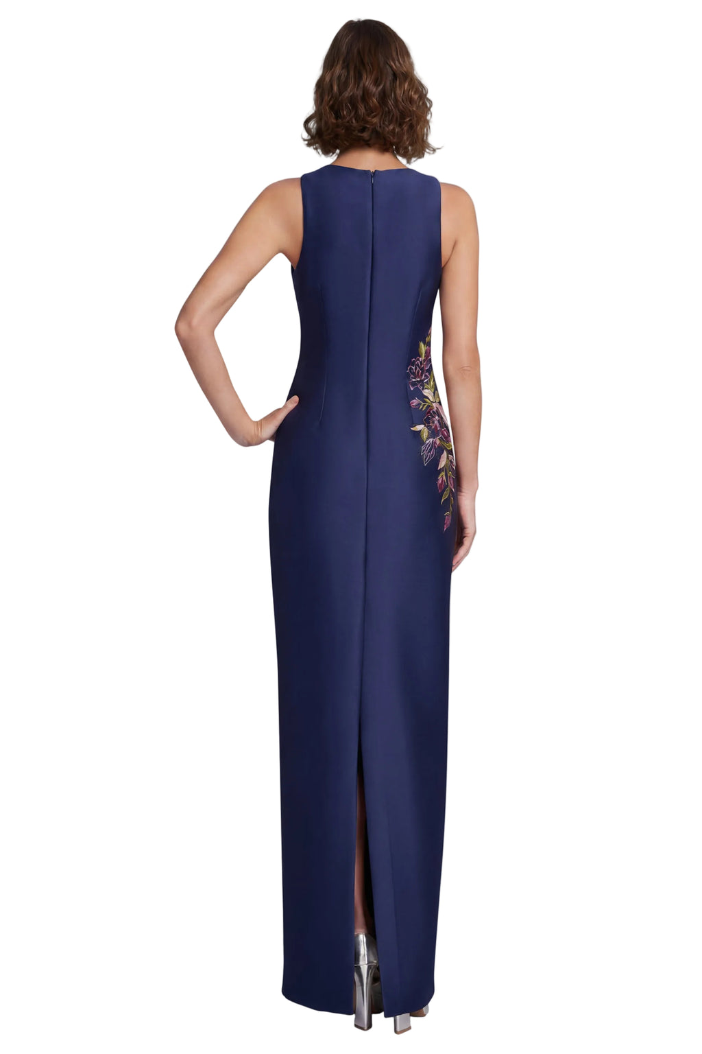 Navy | Sleeveless Embroidered Floral Column Gown Back